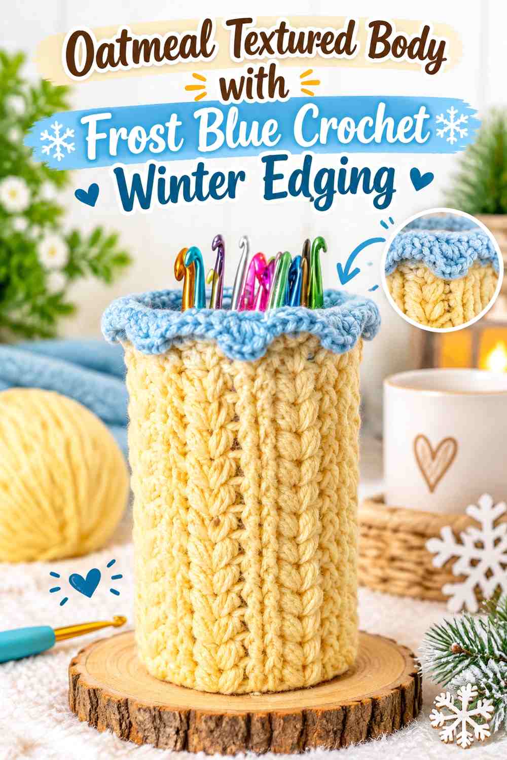 Oatmeal Textured Body with Frost Blue Crochet Winter Edging