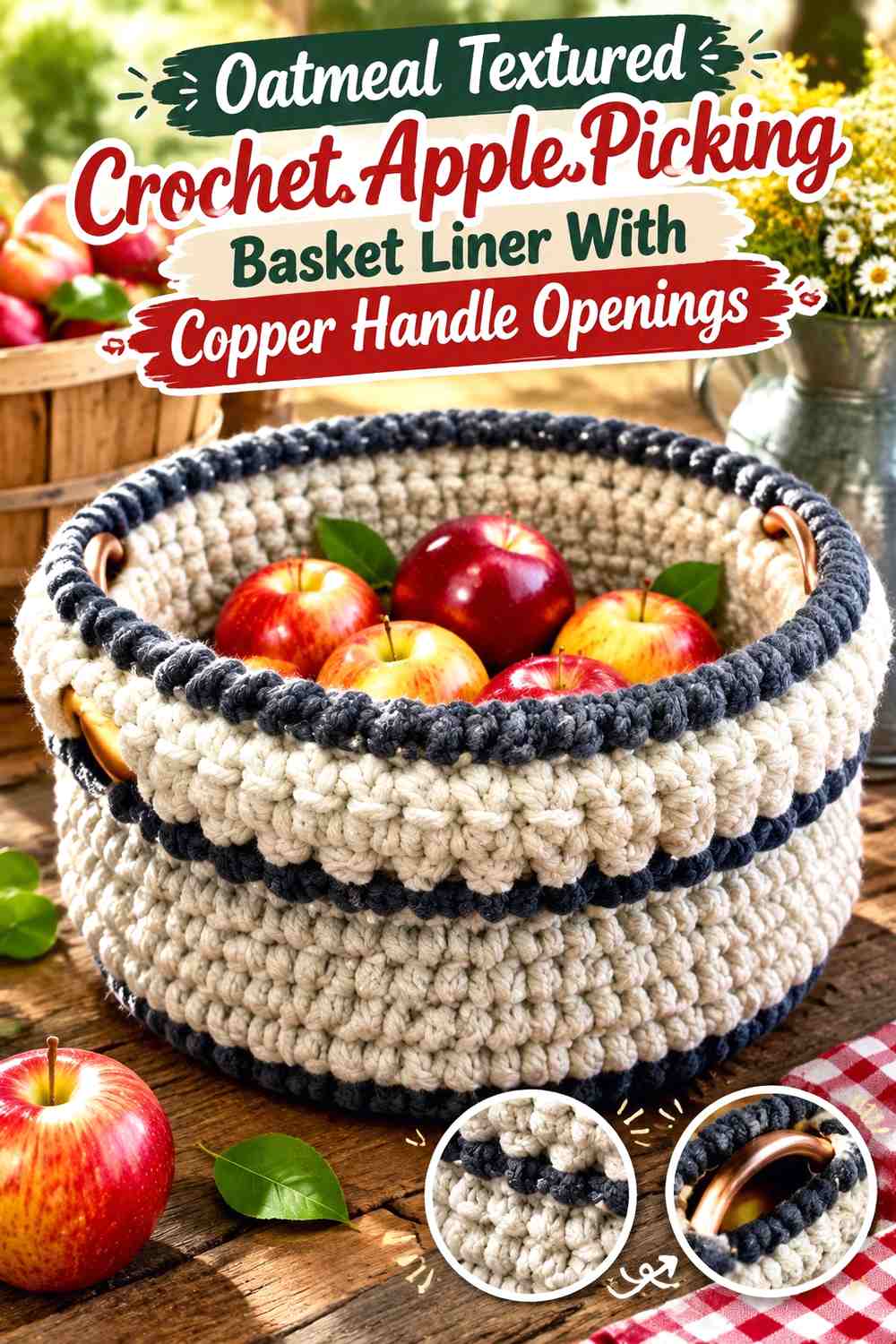 Oatmeal Textured Crochet Apple Picking Basket Liner With Copper Handle Openings