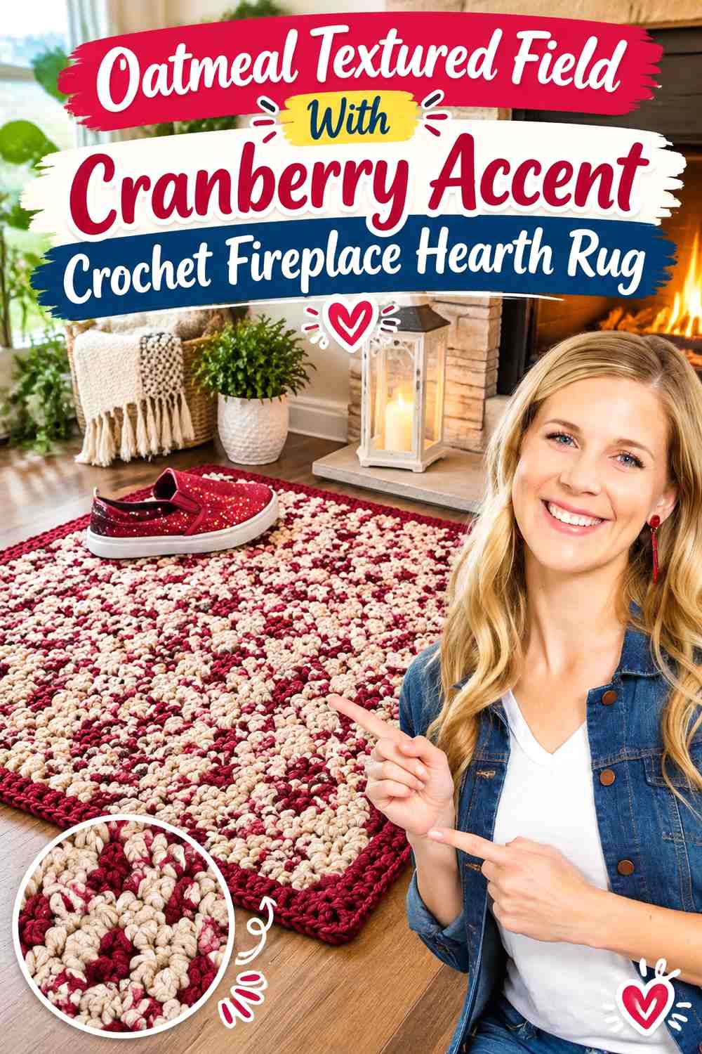 Oatmeal Textured Field With Cranberry Accent Crochet Fireplace Hearth Rug