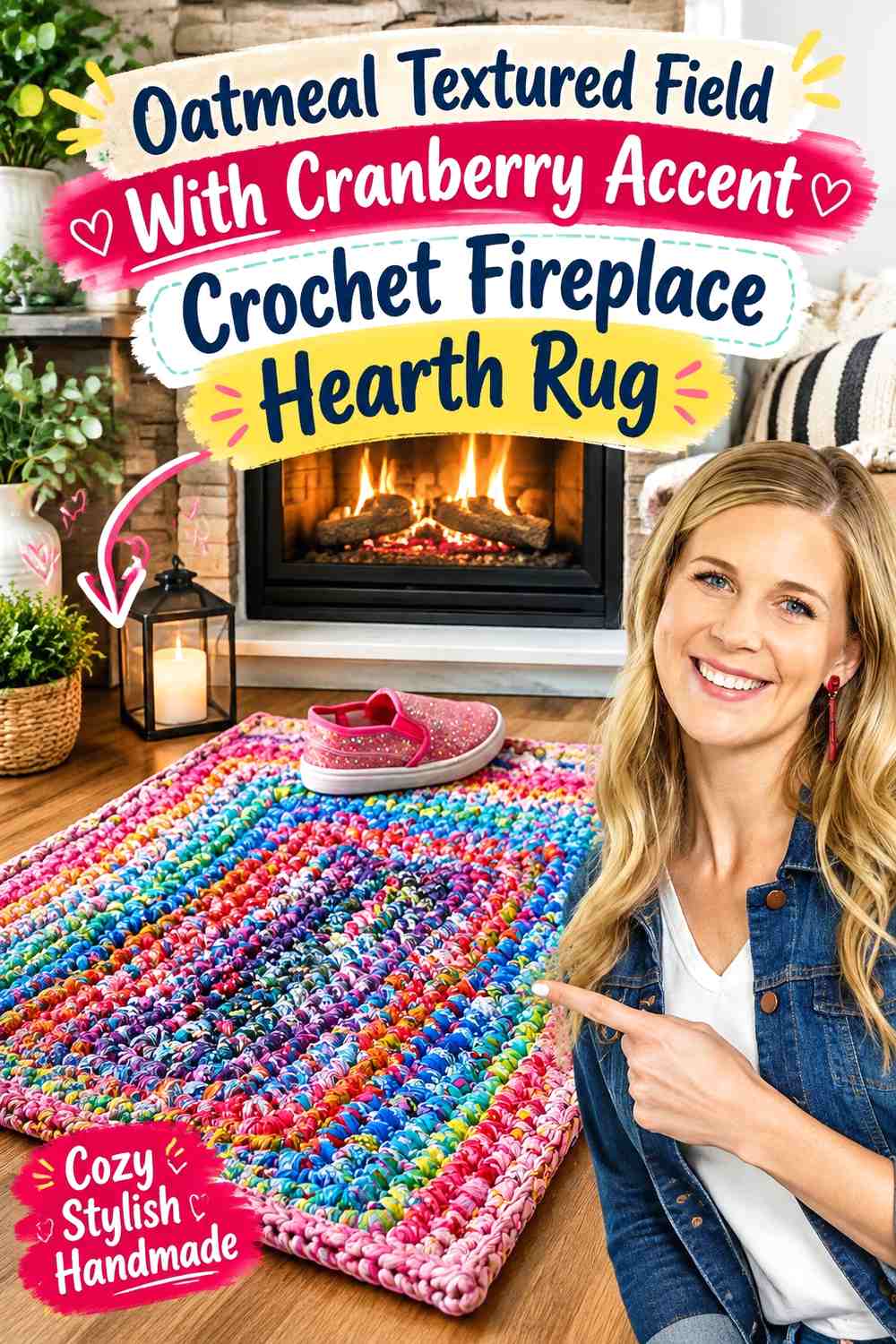 Oatmeal Textured Field With Cranberry Accent Crochet Fireplace Hearth Rug
