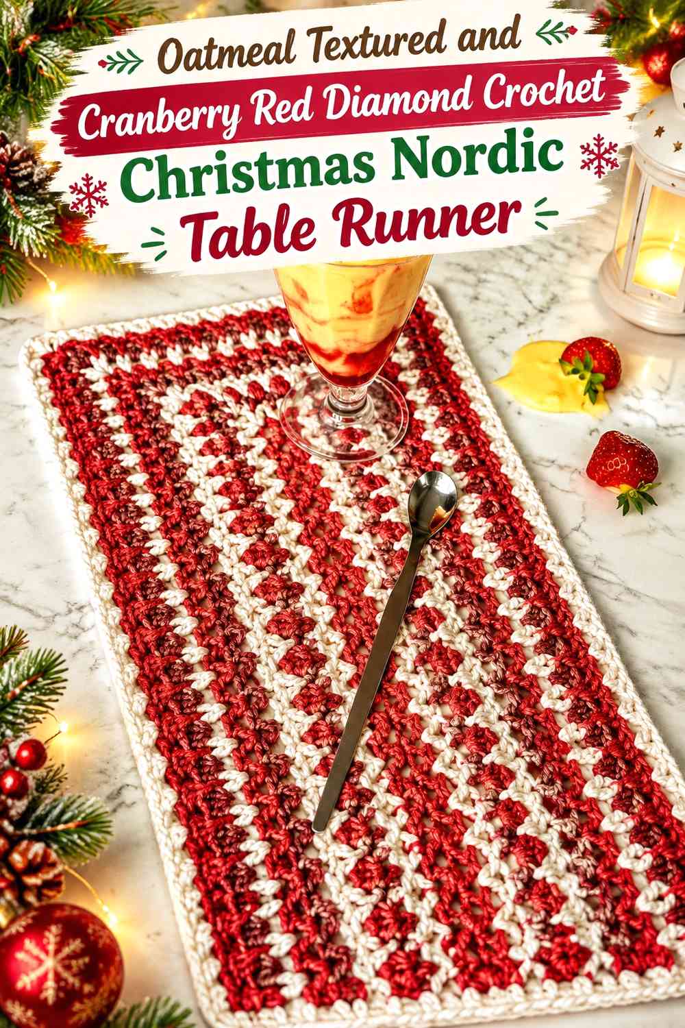 Oatmeal Textured and Cranberry Red Diamond Crochet Christmas Nordic Table Runner