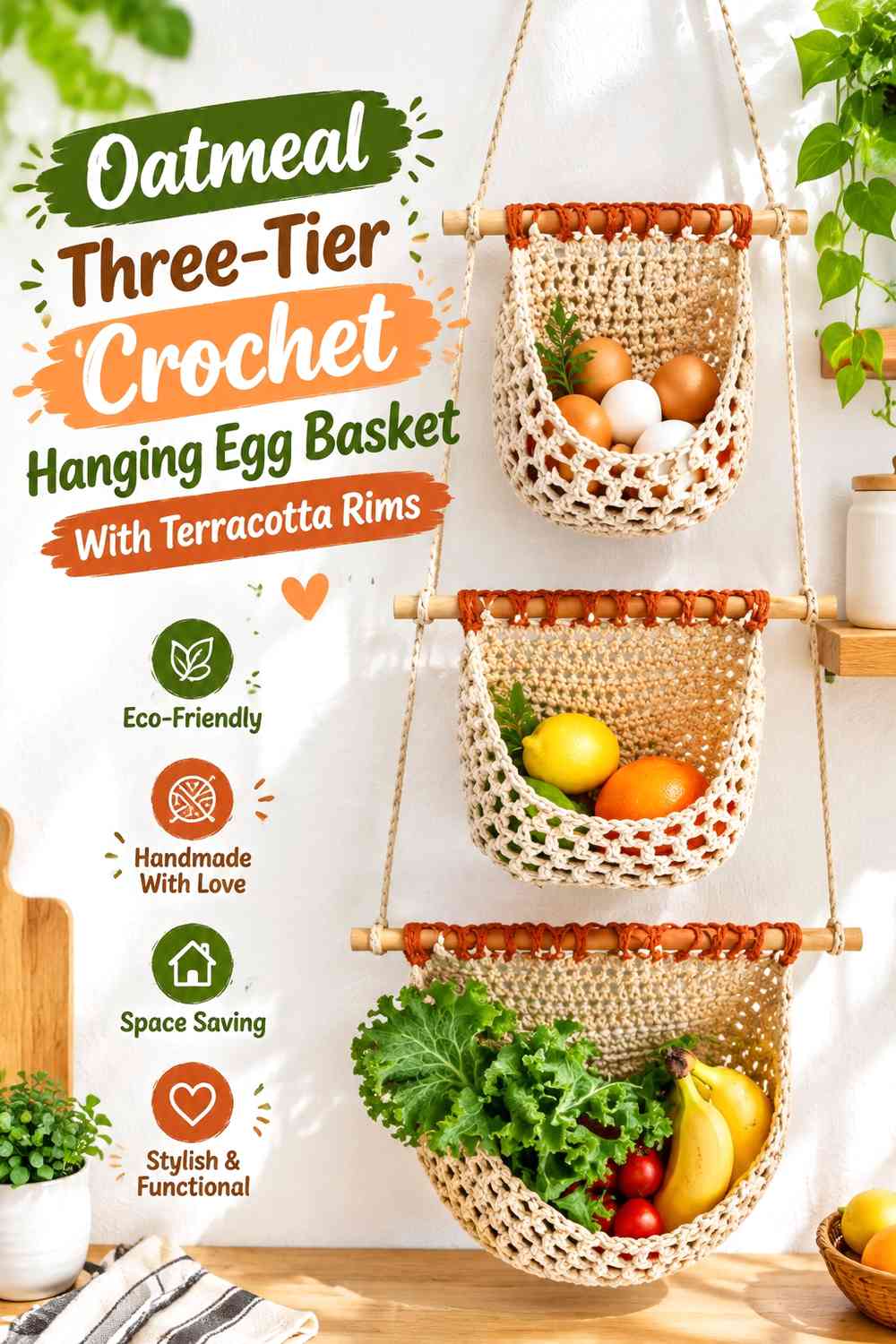 Oatmeal Three-Tier Crochet Hanging Egg Basket With Terracotta Rims