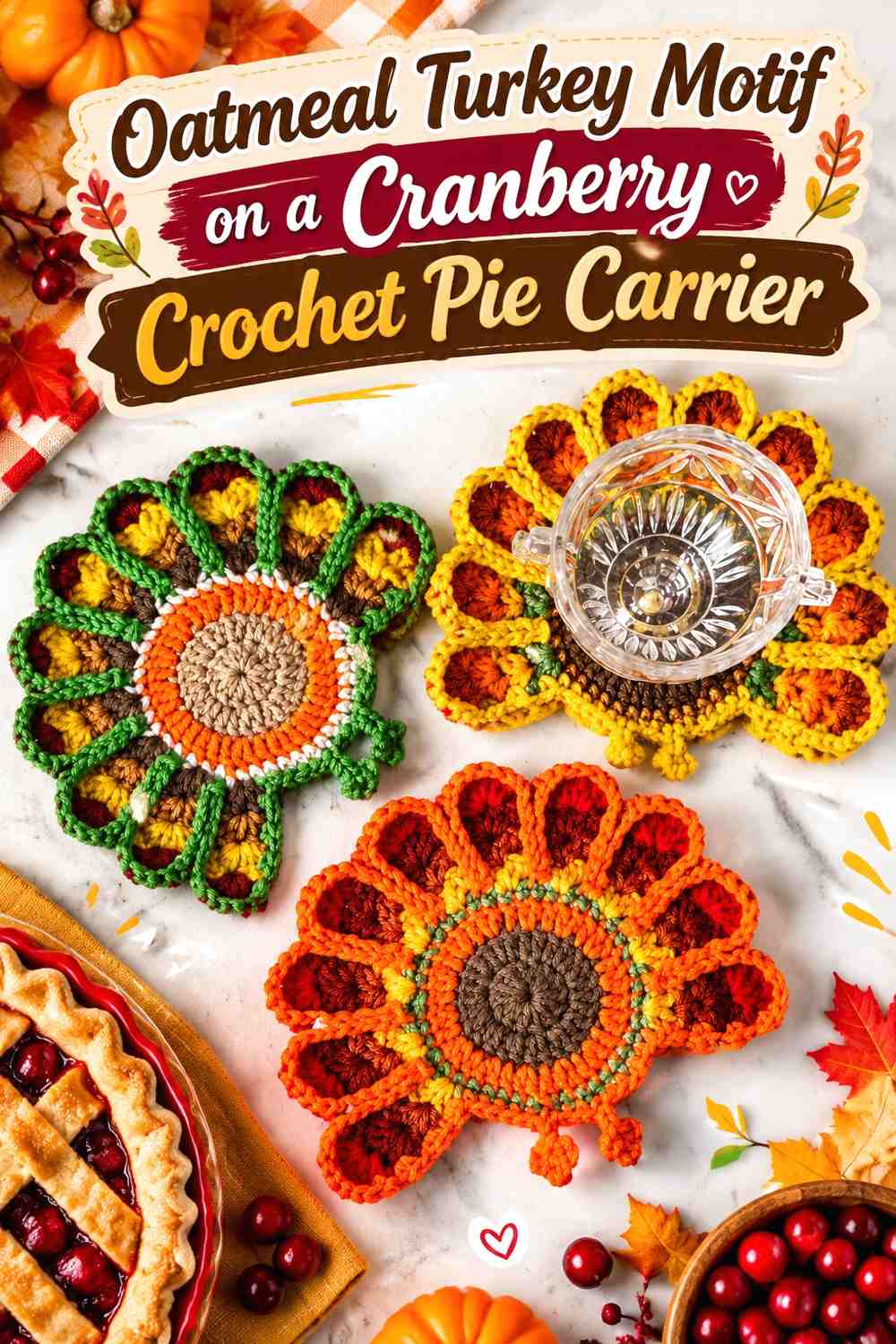 Oatmeal Turkey Motif on a Cranberry Crochet Pie Carrier