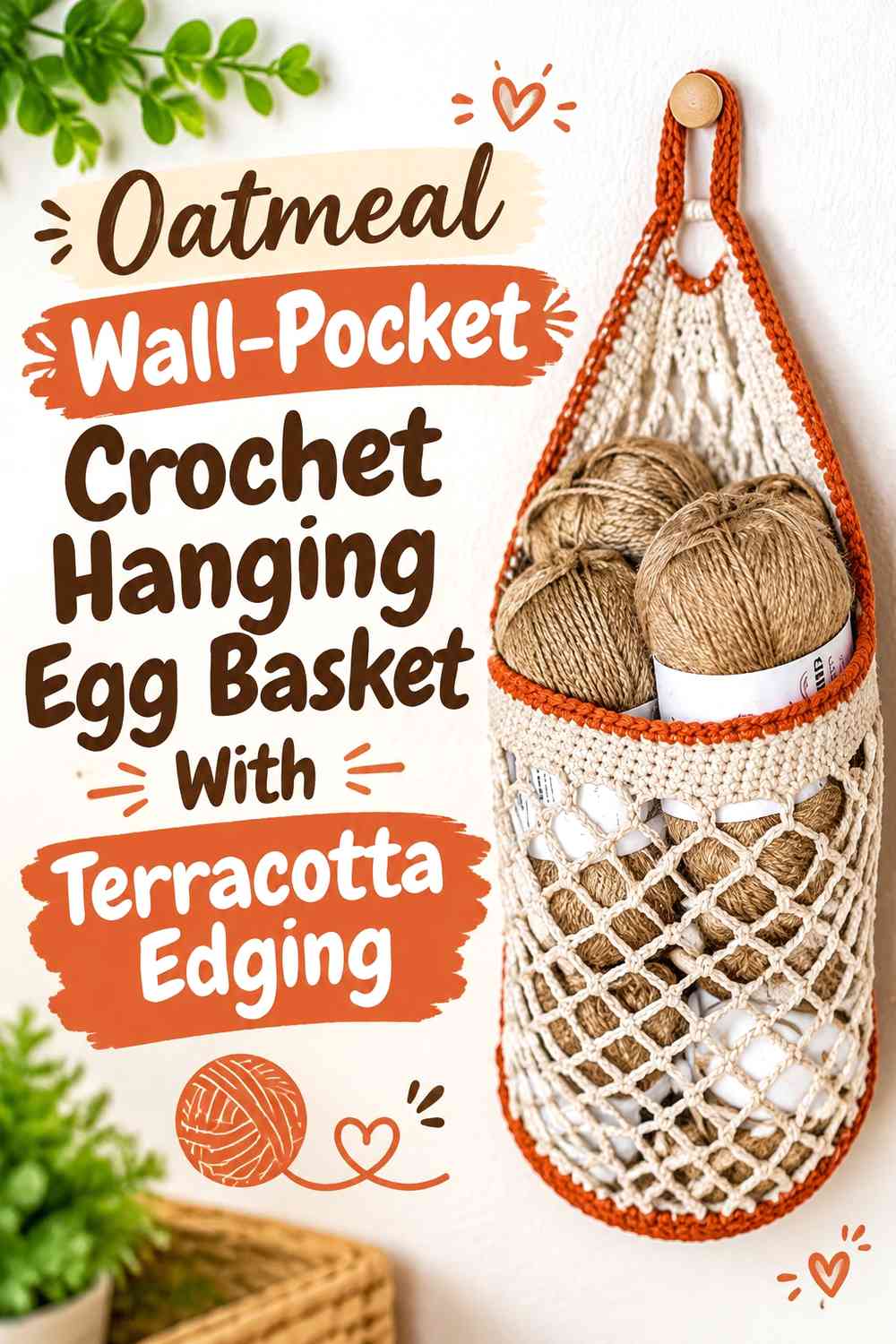 Oatmeal Wall-Pocket Crochet Hanging Egg Basket With Terracotta Edging