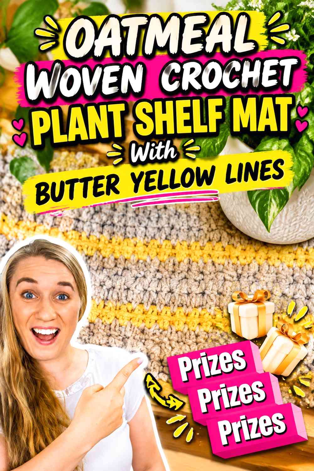 Oatmeal Woven Crochet Plant Shelf Mat With Butter Yellow Lines