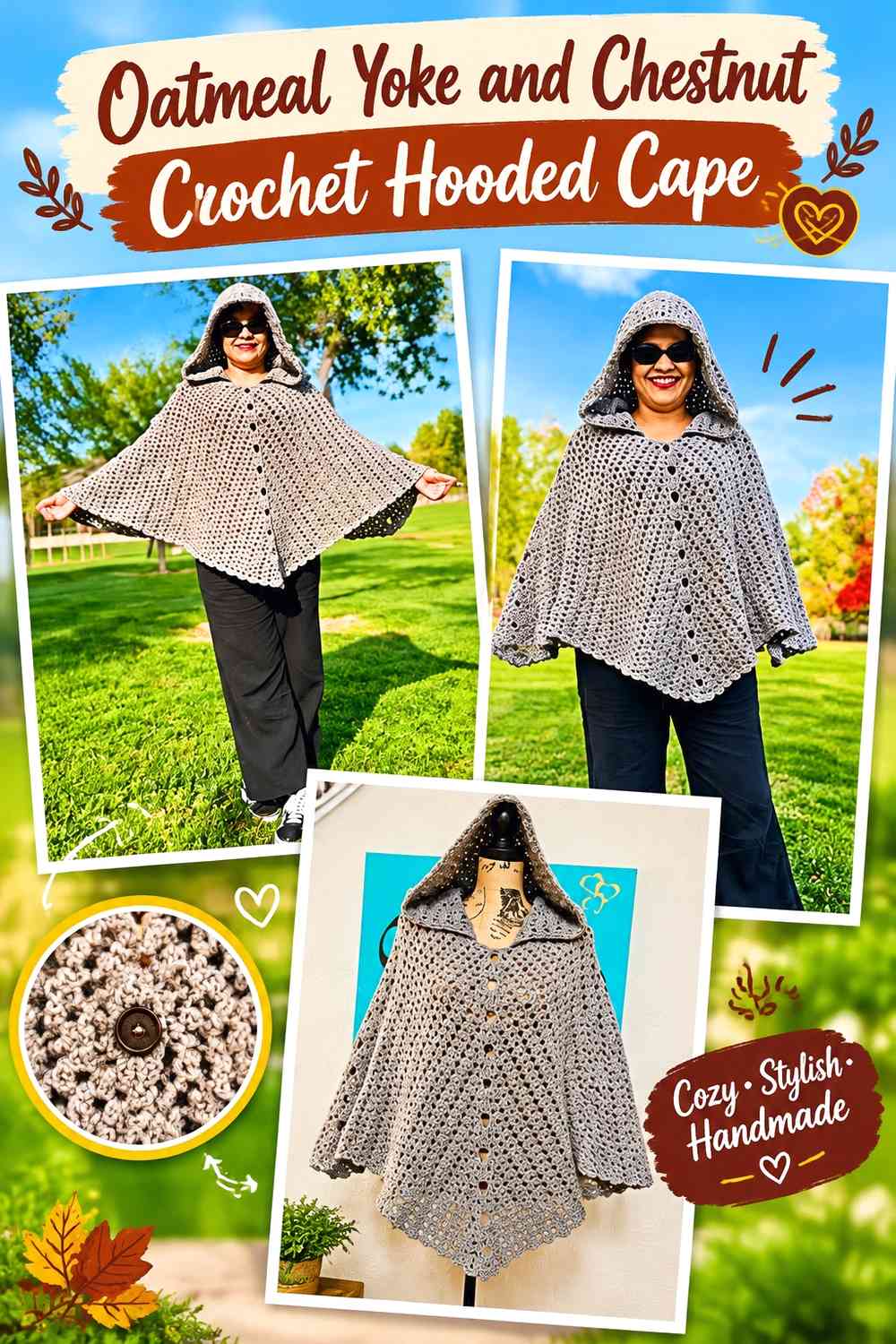 Oatmeal Yoke and Chestnut Crochet Hooded Cape