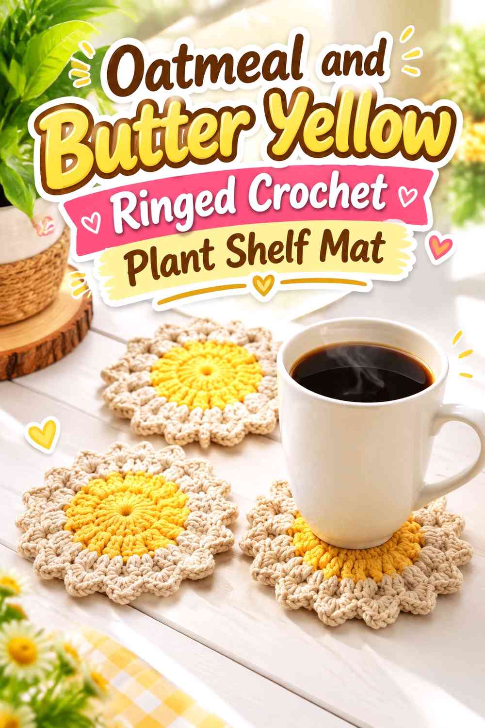 Oatmeal and Butter Yellow Ringed Crochet Plant Shelf Mat