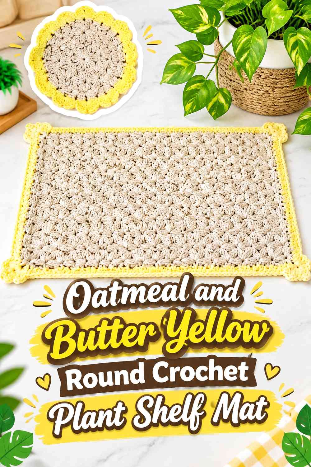 Oatmeal and Butter Yellow Round Crochet Plant Shelf Mat