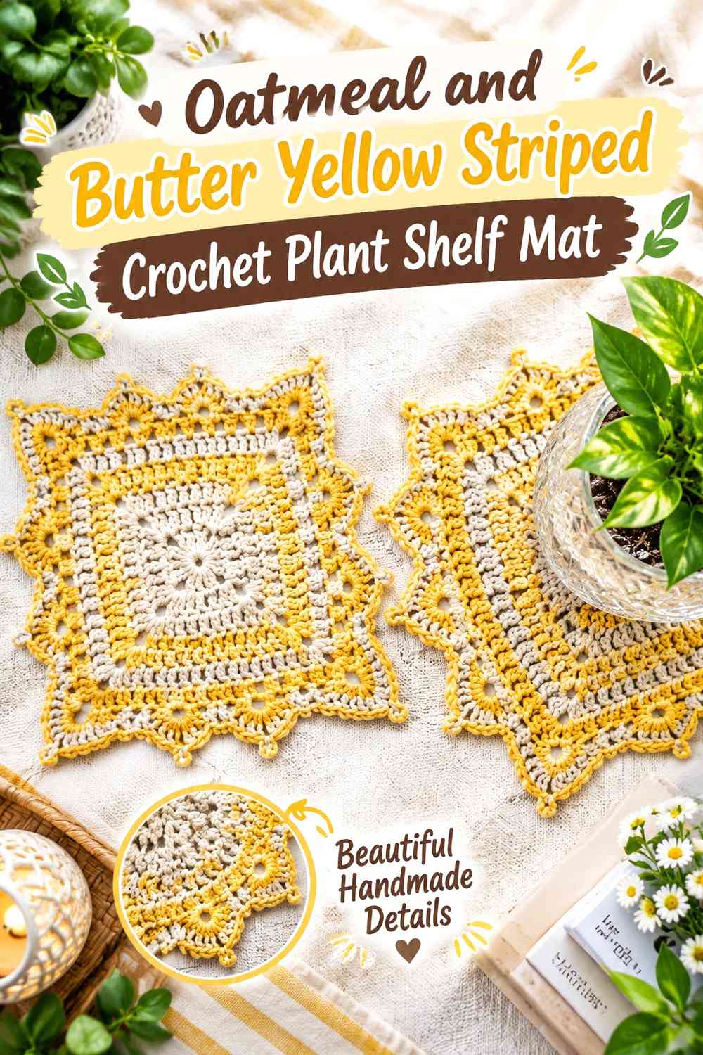Oatmeal and Butter Yellow Striped Crochet Plant Shelf Mat