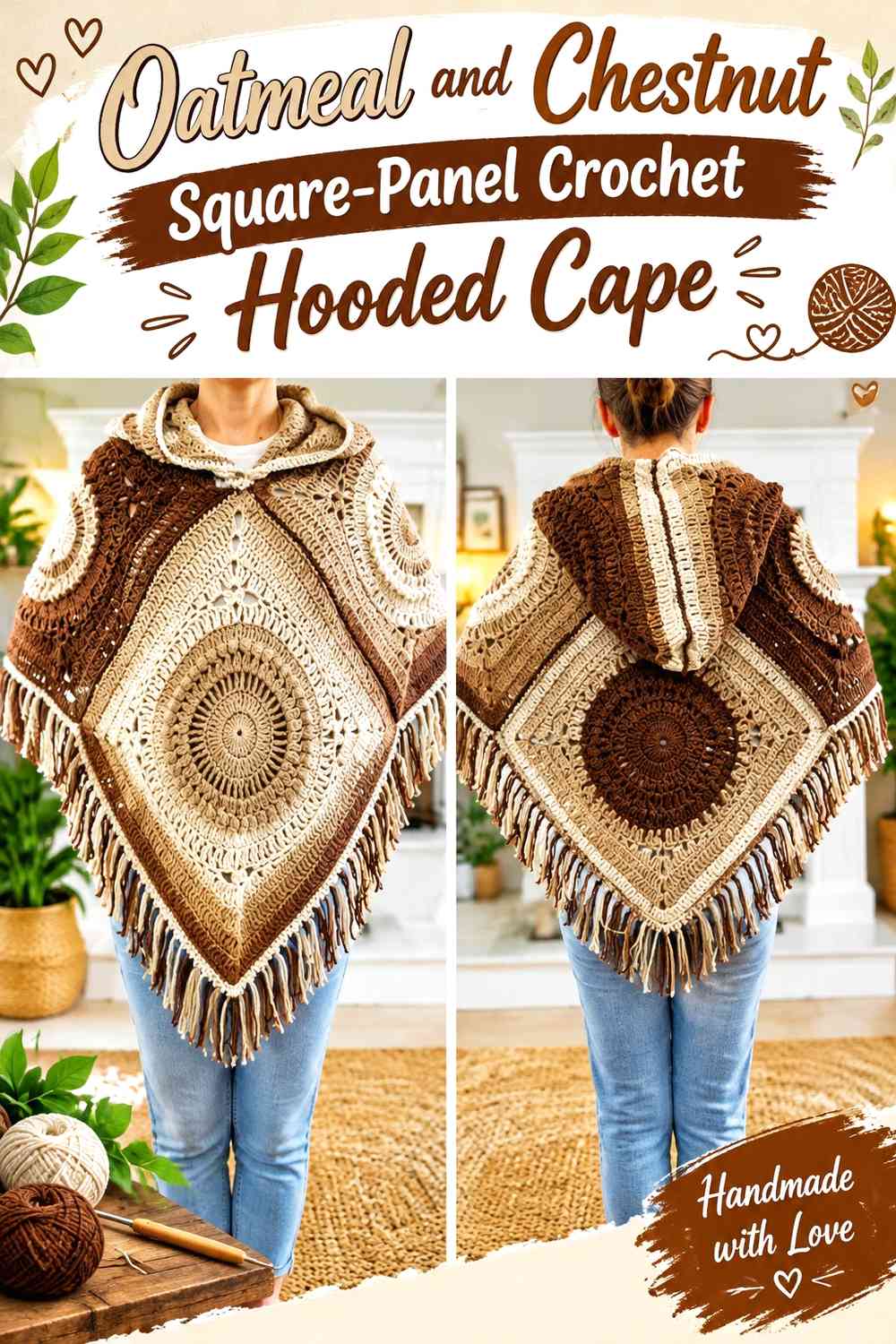 Oatmeal and Chestnut Square-Panel Crochet Hooded Cape
