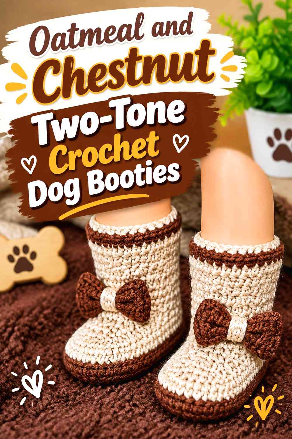 Oatmeal and Chestnut Two-Tone Crochet Dog Booties