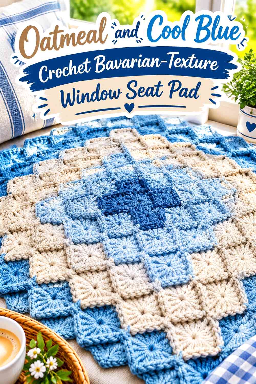 Oatmeal and Cool Blue Crochet Bavarian-Texture Window Seat Pad