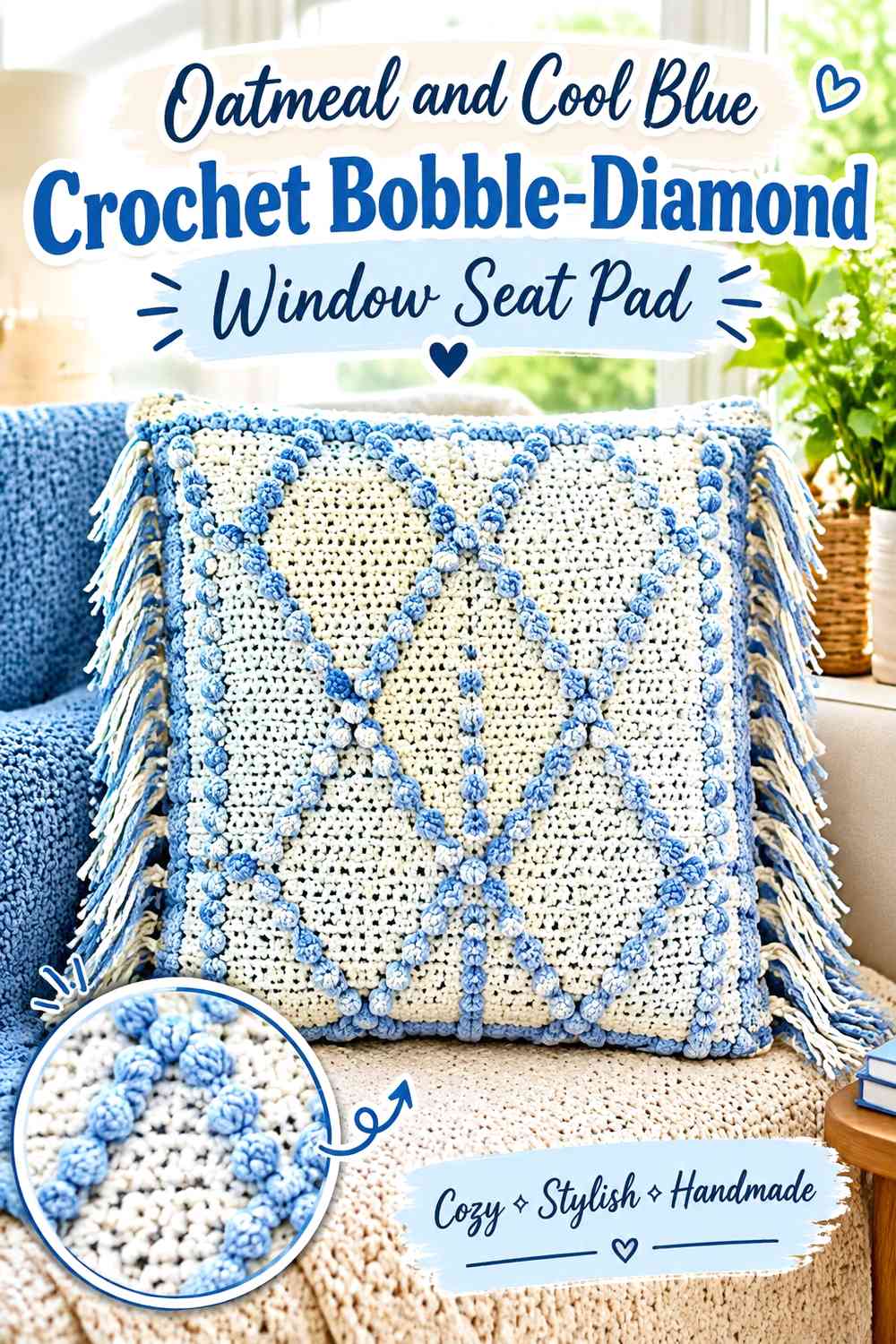 Oatmeal and Cool Blue Crochet Bobble-Diamond Window Seat Pad