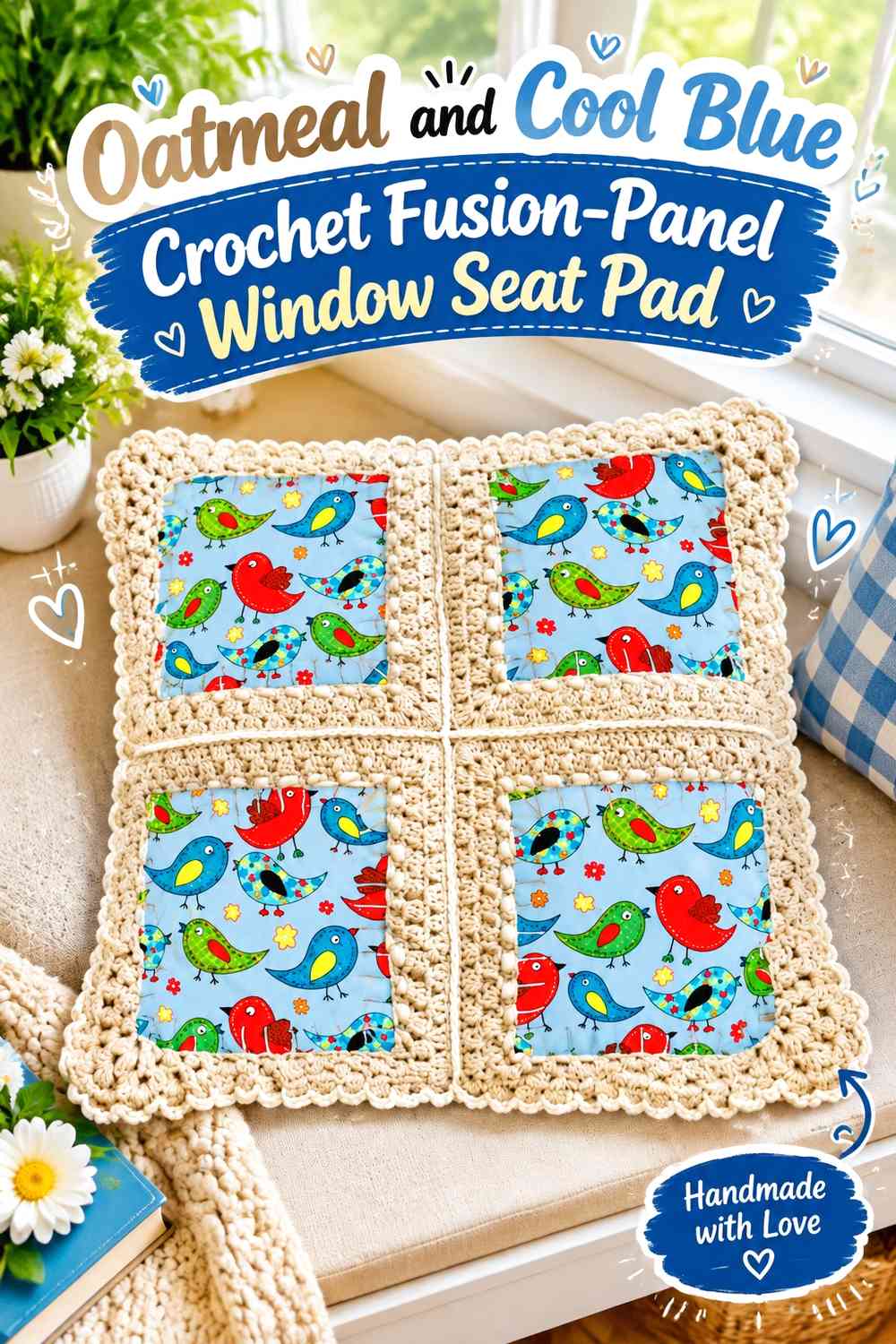 Oatmeal and Cool Blue Crochet Fusion-Panel Window Seat Pad