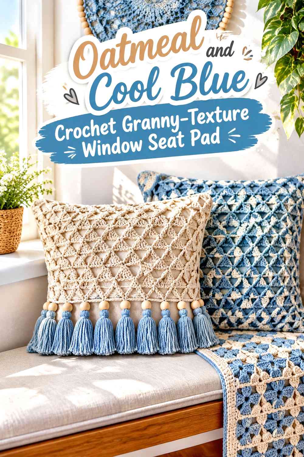 Oatmeal and Cool Blue Crochet Granny-Texture Window Seat Pad