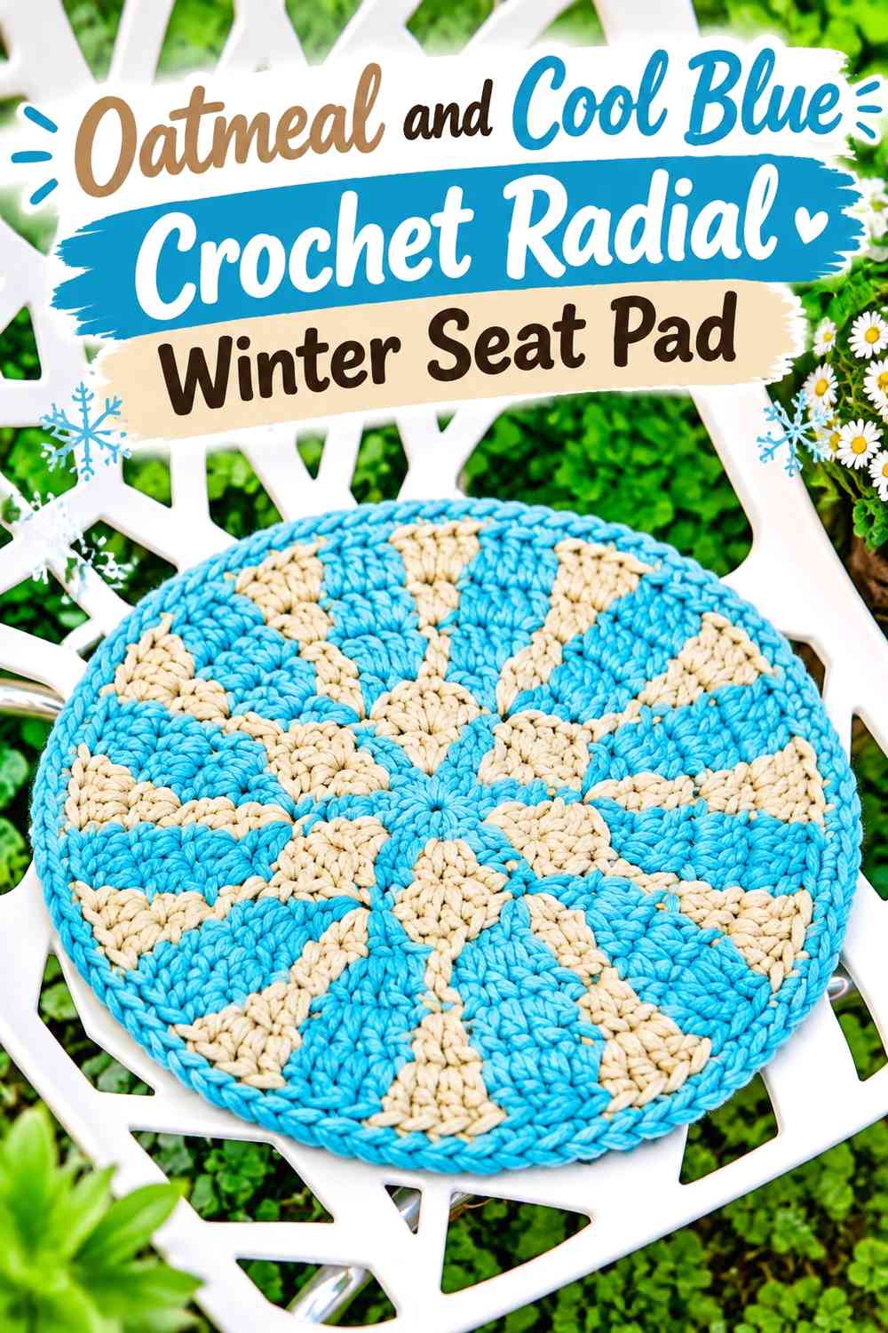 Oatmeal and Cool Blue Crochet Radial Winter Seat Pad