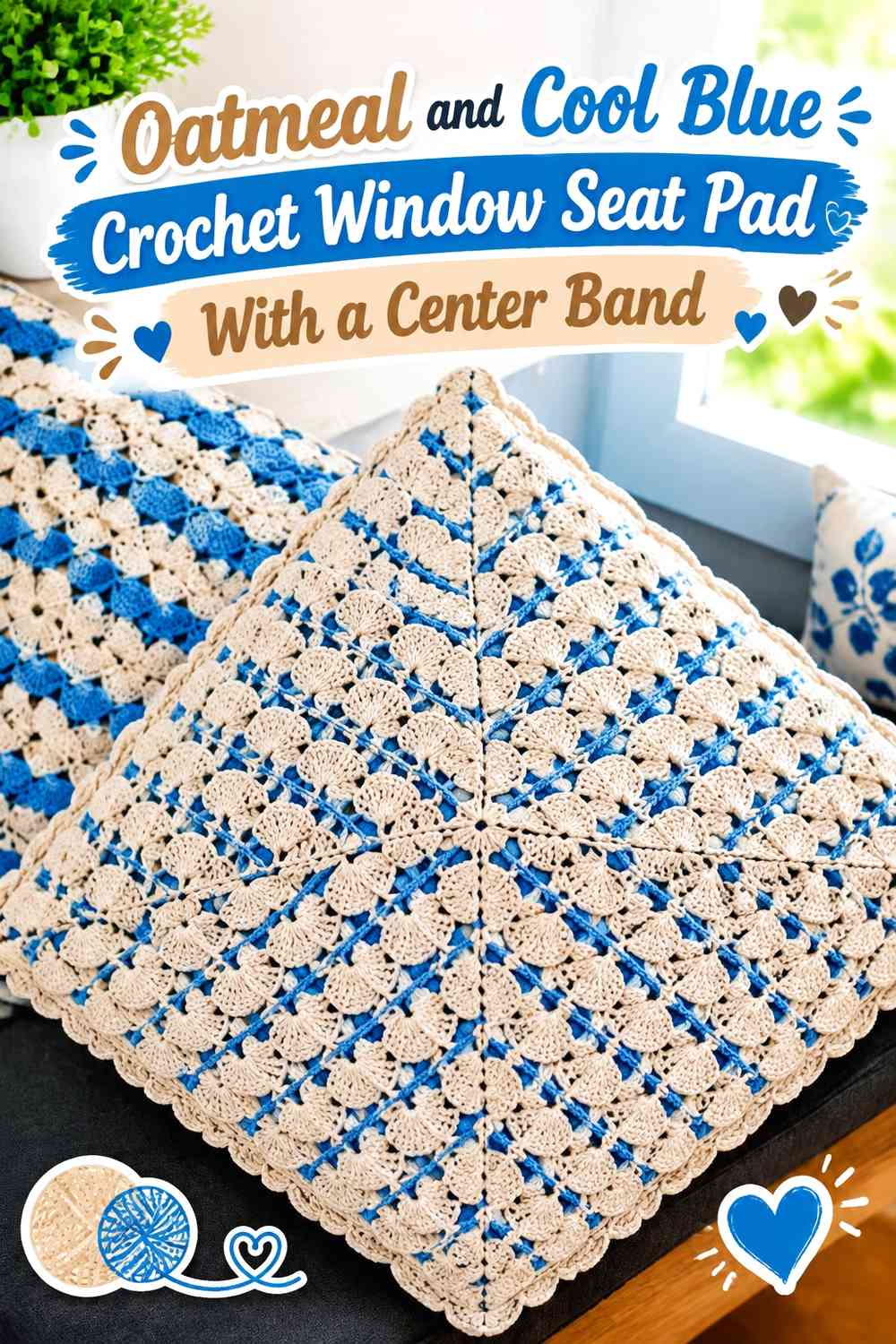 Oatmeal and Cool Blue Crochet Window Seat Pad With a Center Band