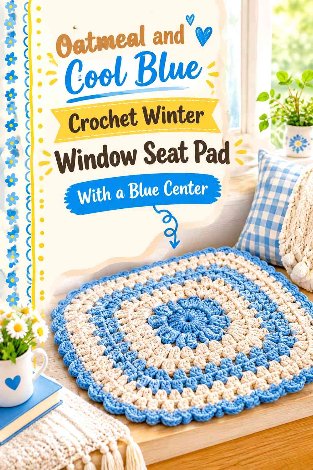 Oatmeal and Cool Blue Crochet Winter Window Seat Pad With a Blue Center