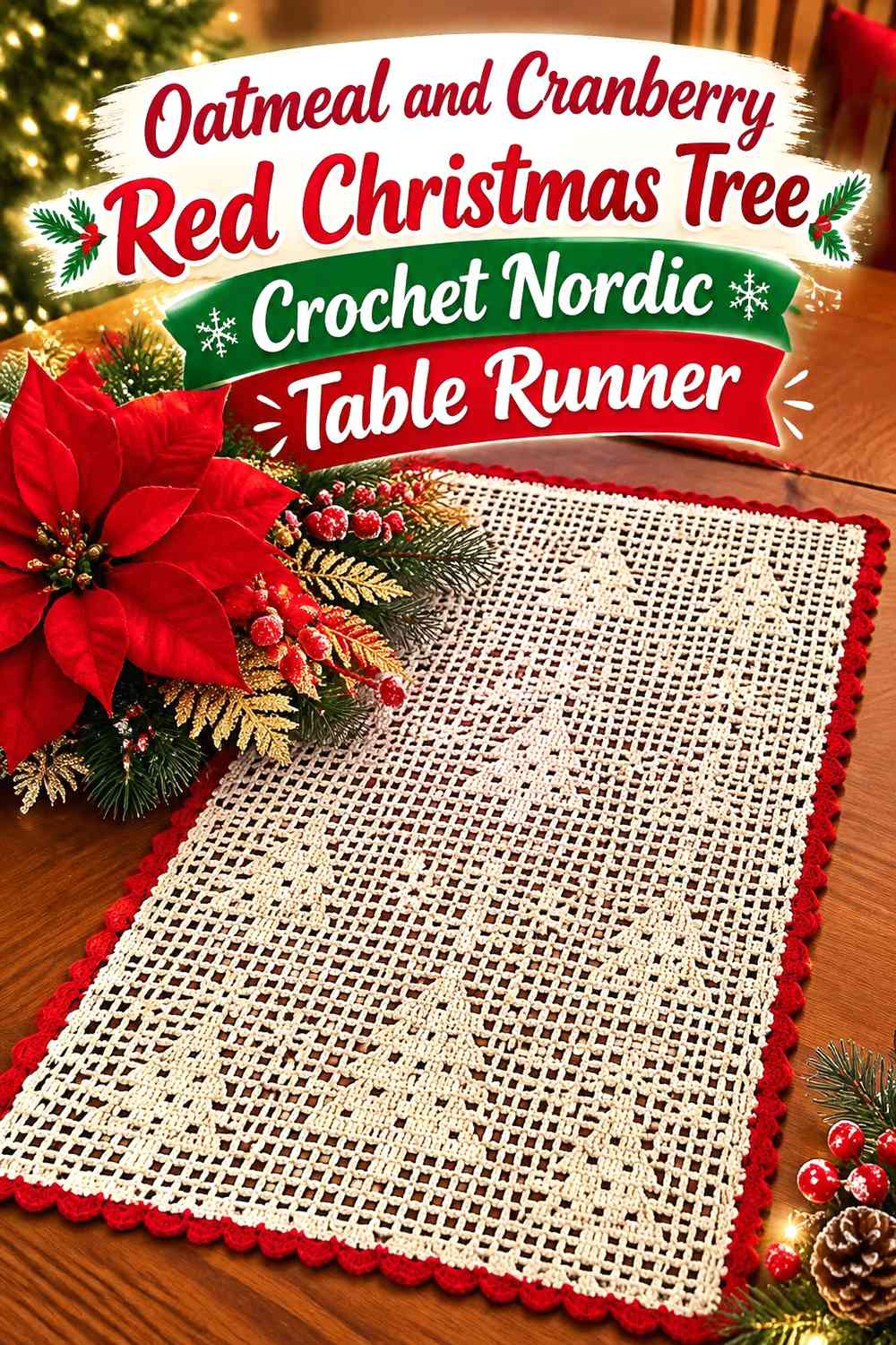 Oatmeal and Cranberry Red Christmas Tree Crochet Nordic Table Runner