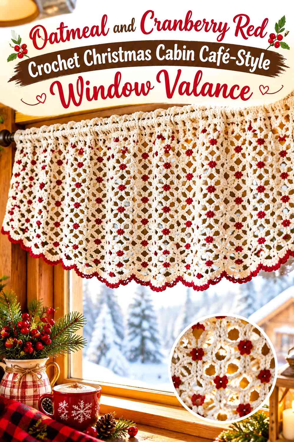 Oatmeal and Cranberry Red Crochet Christmas Cabin Café-Style Window Valance