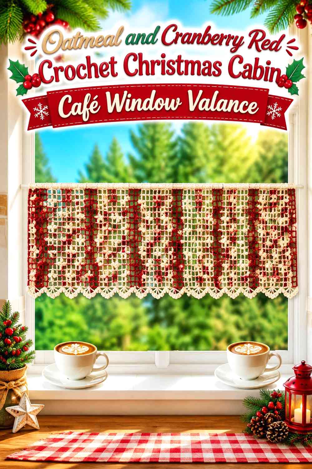 Oatmeal and Cranberry Red Crochet Christmas Cabin Café Window Valance