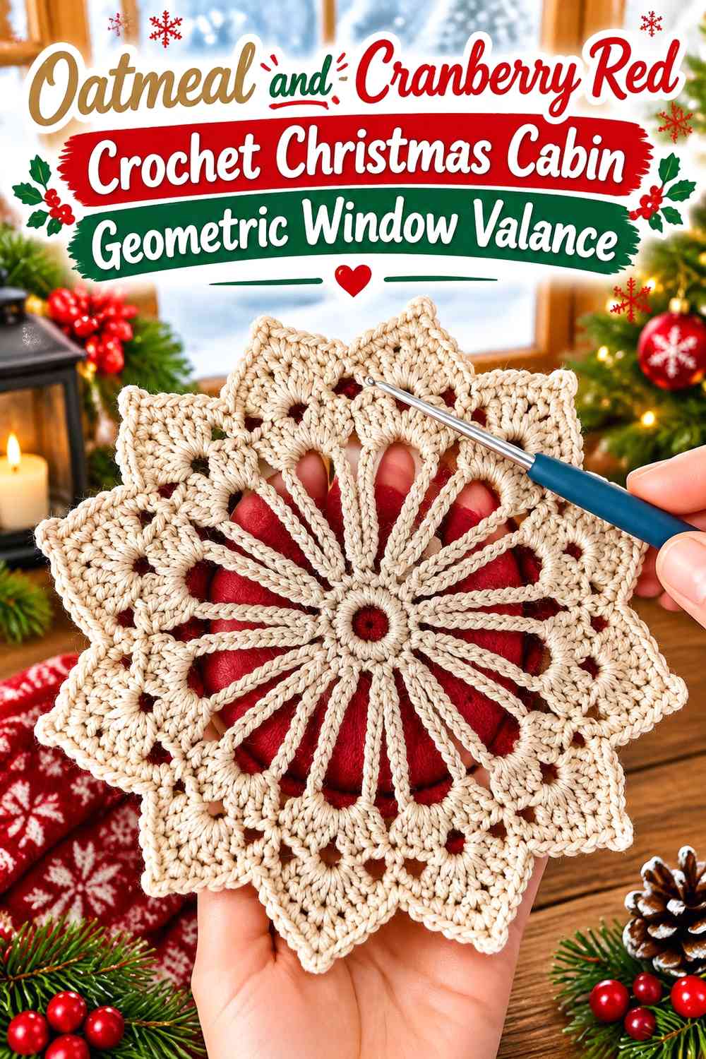 Oatmeal and Cranberry Red Crochet Christmas Cabin Geometric Window Valance