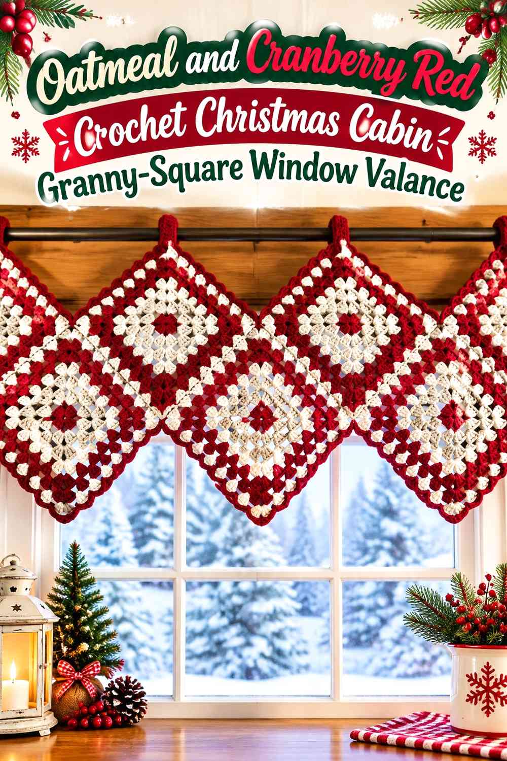 Oatmeal and Cranberry Red Crochet Christmas Cabin Granny-Square Window Valance