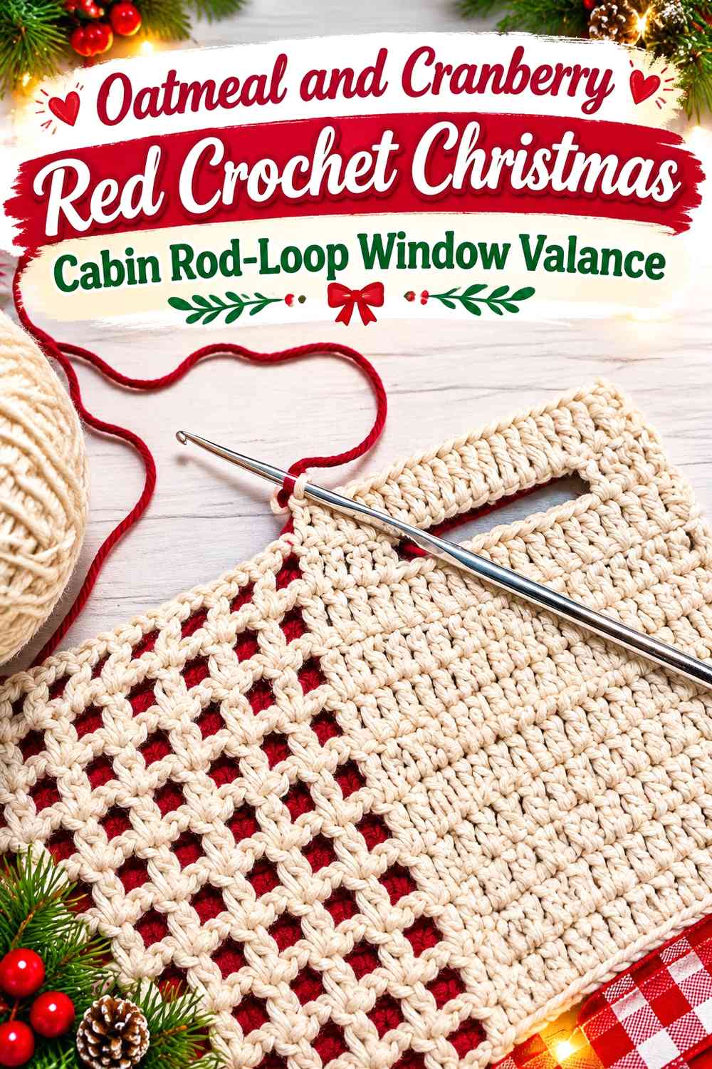 Oatmeal and Cranberry Red Crochet Christmas Cabin Rod-Loop Window Valance