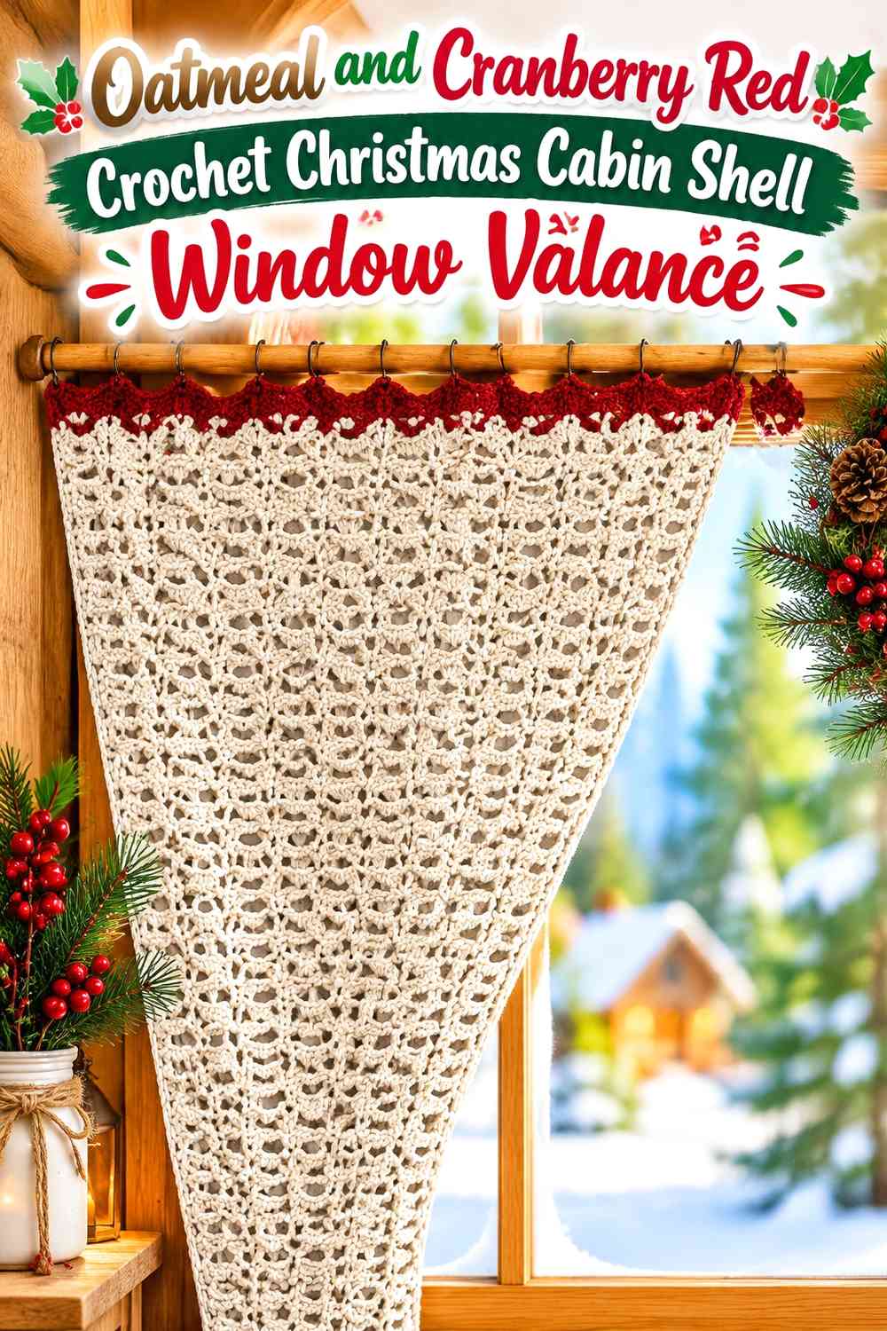 Oatmeal and Cranberry Red Crochet Christmas Cabin Shell Window Valance