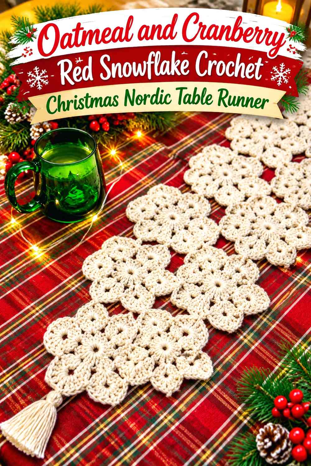 Oatmeal and Cranberry Red Snowflake Crochet Christmas Nordic Table Runner