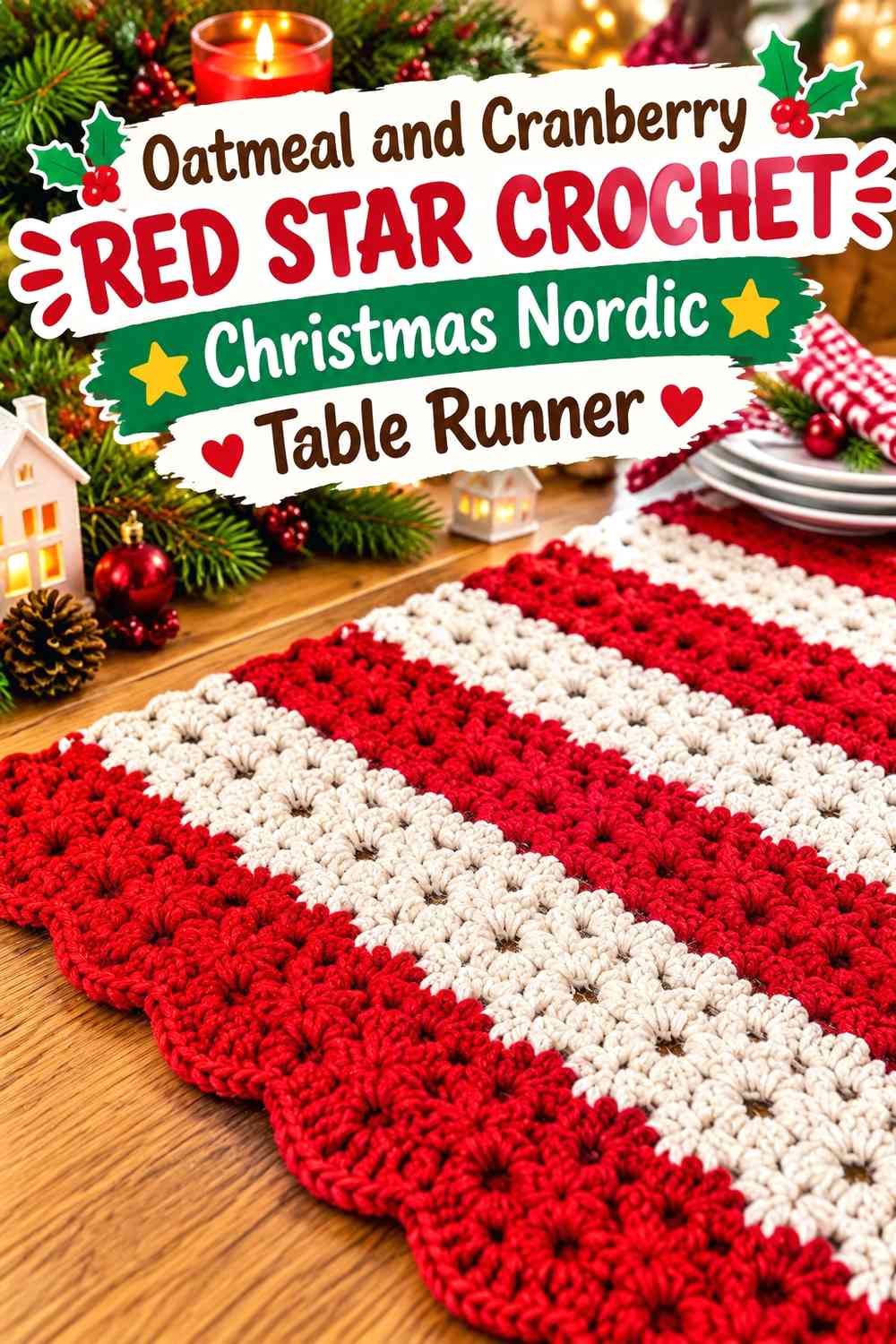Oatmeal Crochet Christmas Nordic Table Runner With Cranberry Red Framing and Tassels