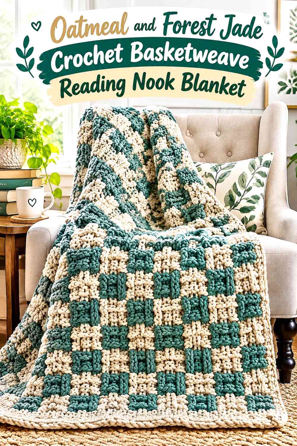 Oatmeal and Forest Jade Crochet Basketweave Reading Nook Blanket