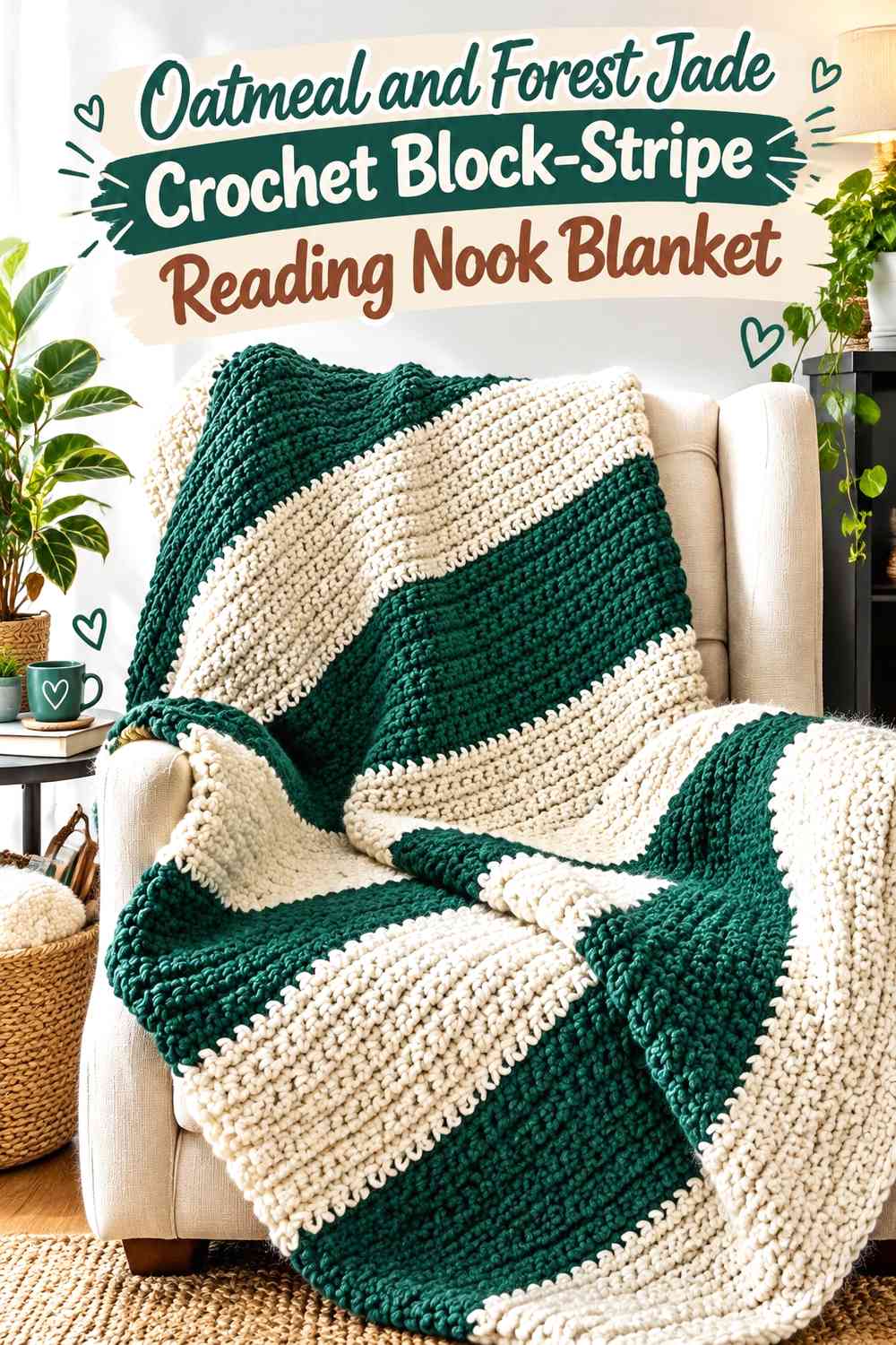 Oatmeal and Forest Jade Crochet Block-Stripe Reading Nook Blanket