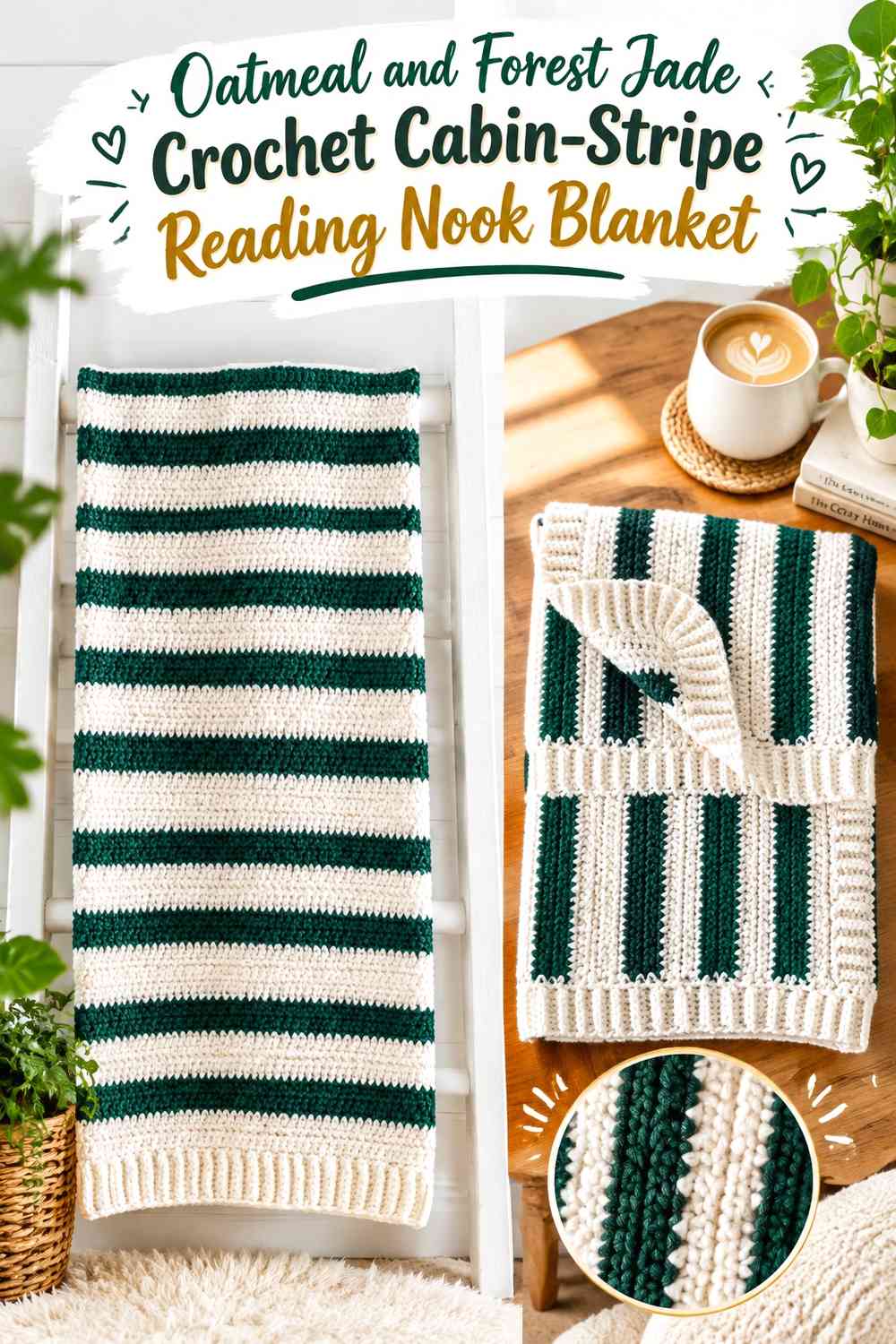 Oatmeal and Forest Jade Crochet Cabin-Stripe Reading Nook Blanket