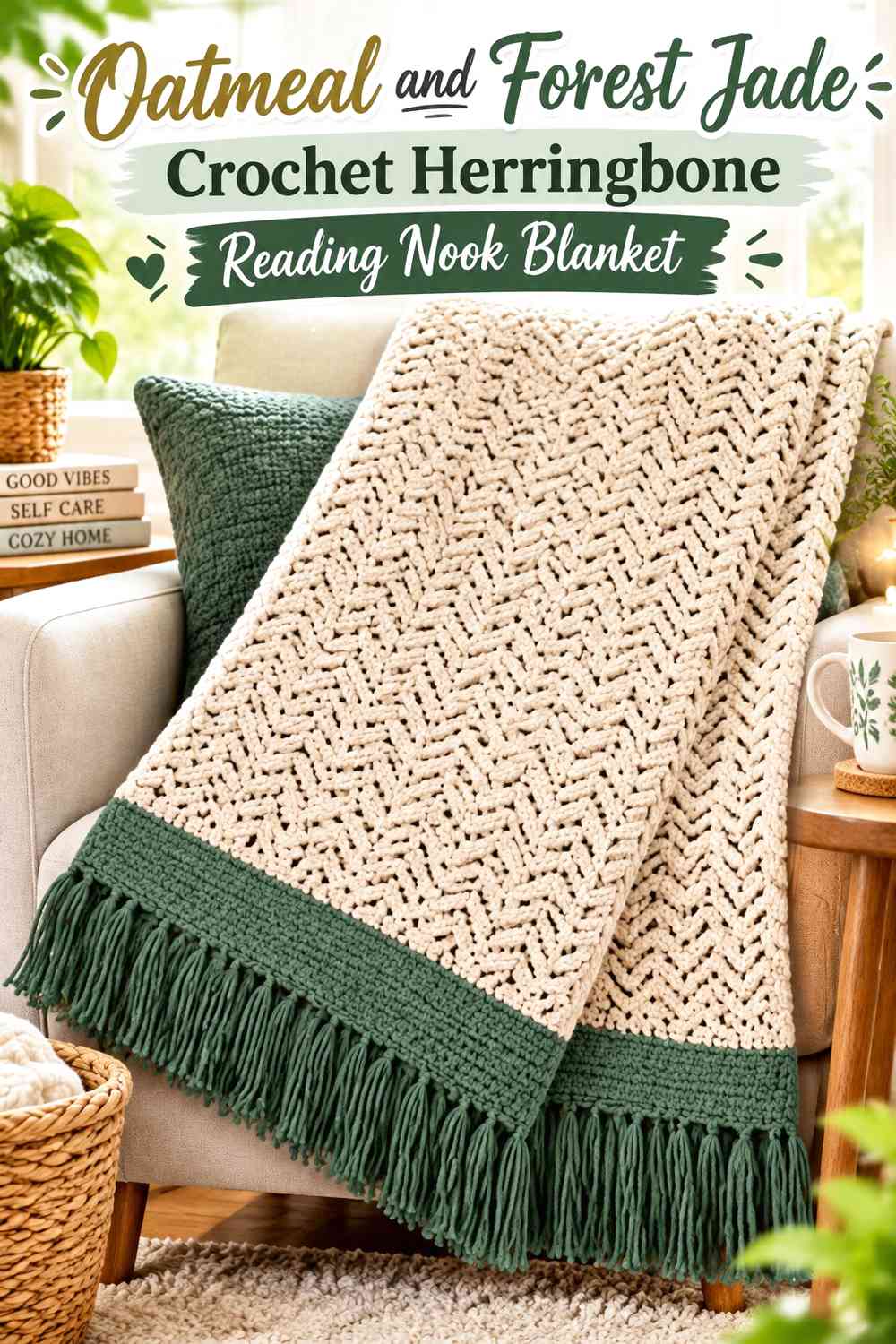 Oatmeal and Forest Jade Crochet Herringbone Reading Nook Blanket