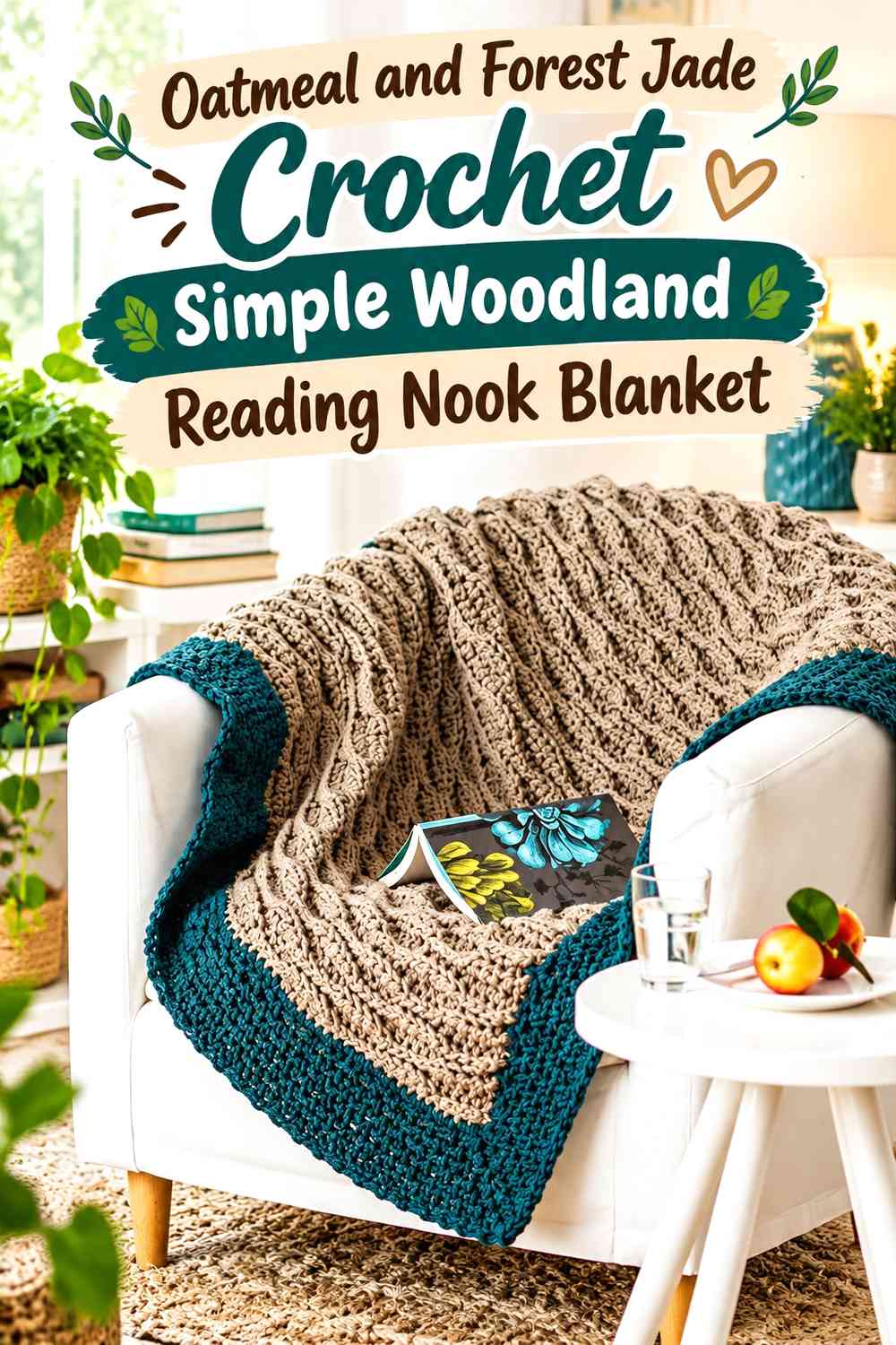 Oatmeal and Forest Jade Crochet Simple Woodland Reading Nook Blanket