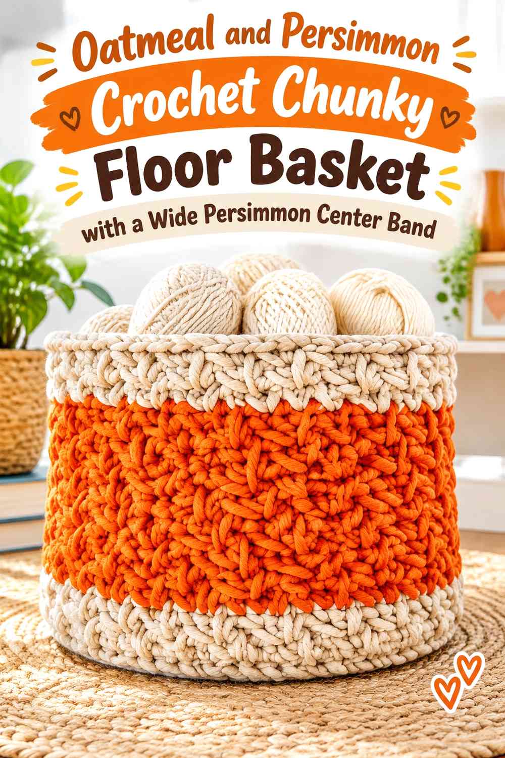 Oatmeal and Persimmon Crochet Chunky Floor Basket with a Wide Persimmon Center Band