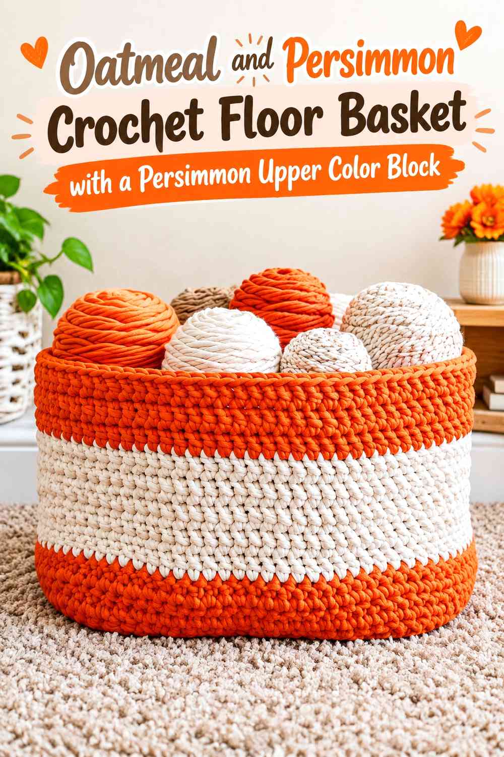 Oatmeal and Persimmon Crochet Floor Basket with a Persimmon Upper Color Block