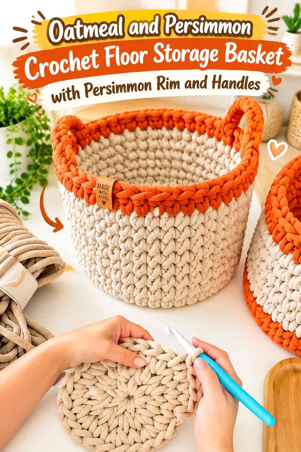 Oatmeal and Persimmon Crochet Floor Storage Basket with Persimmon Rim and Handles