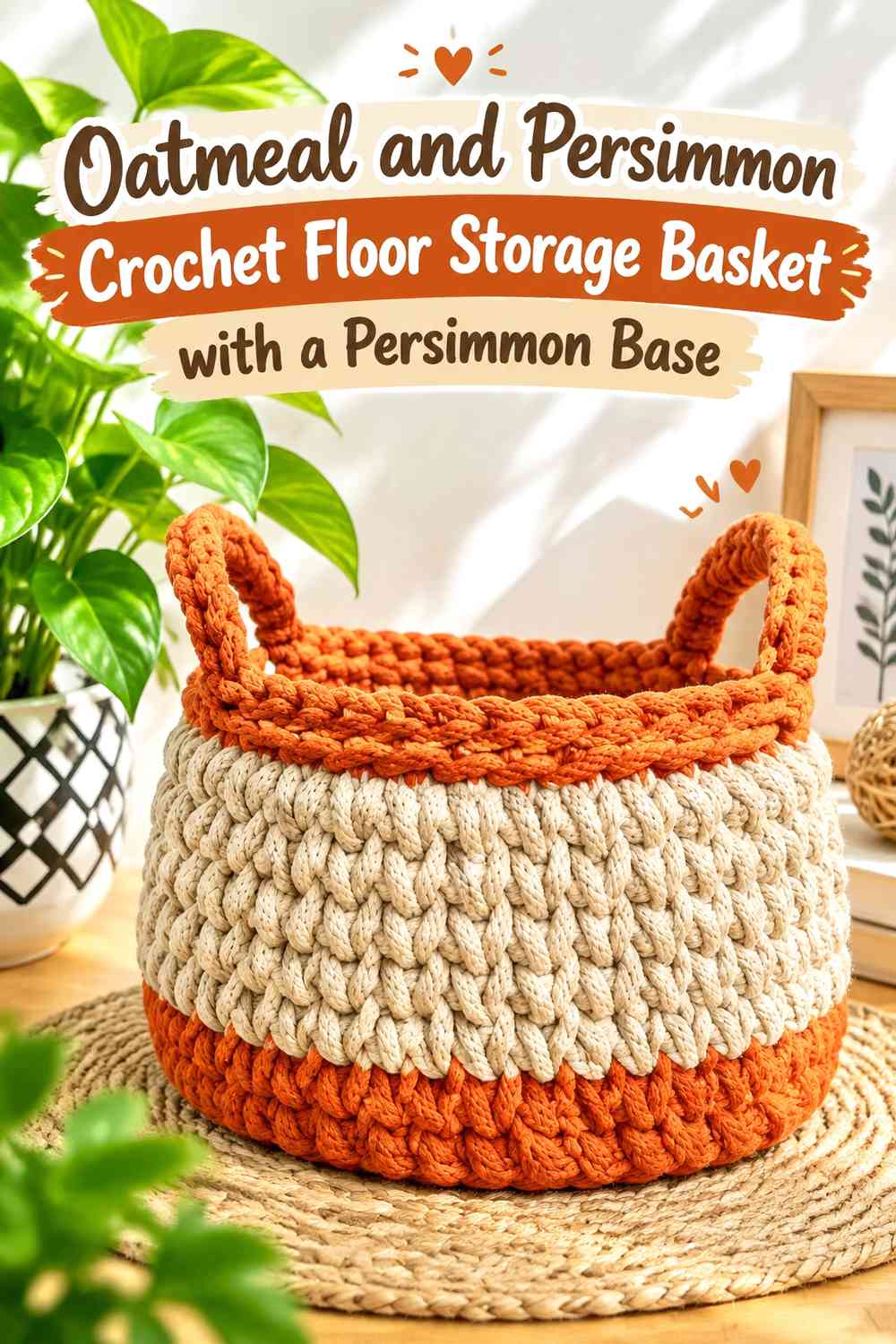 Oatmeal and Persimmon Crochet Floor Storage Basket with a Persimmon Base