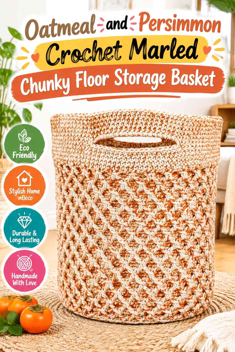 Oatmeal and Persimmon Crochet Marled Chunky Floor Storage Basket