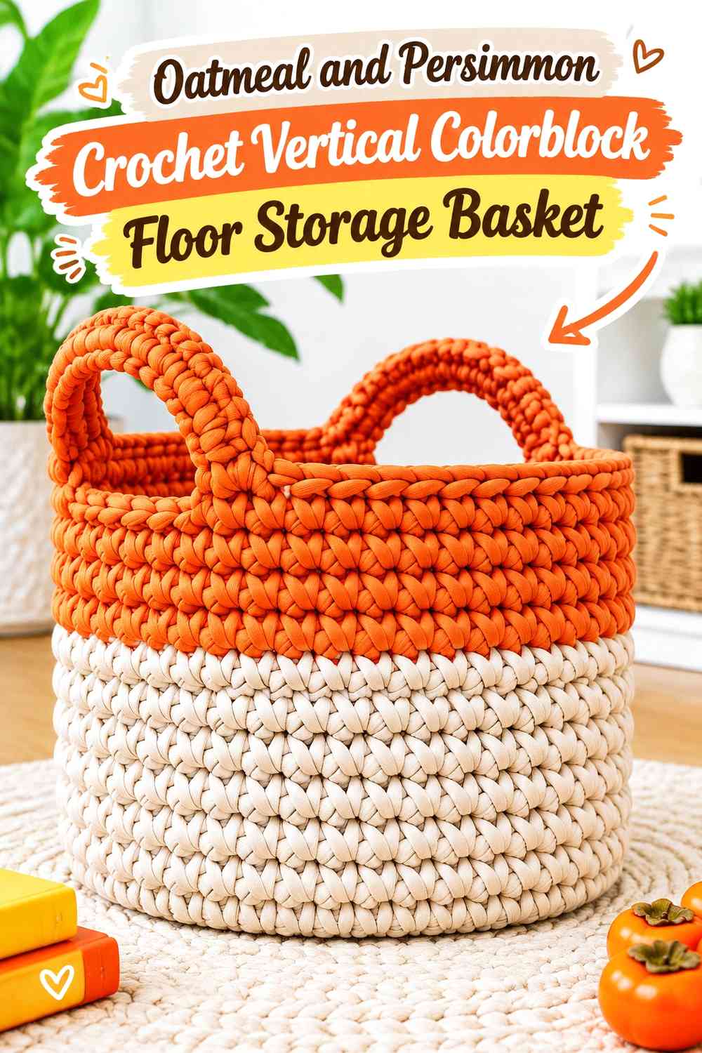 Oatmeal and Persimmon Crochet Vertical Colorblock Floor Storage Basket