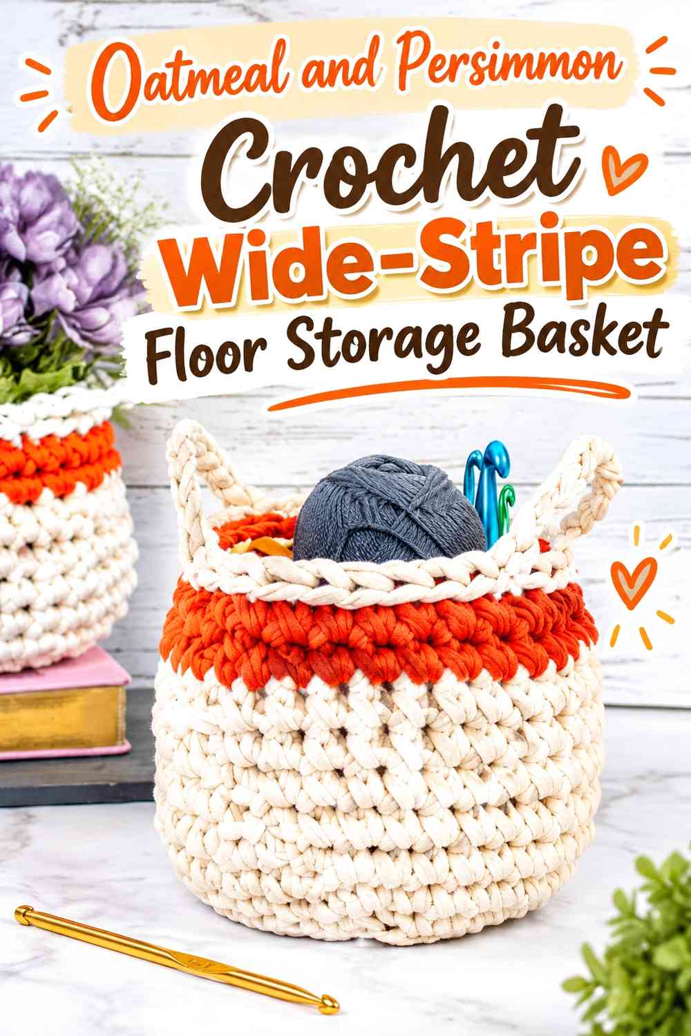 Oatmeal and Persimmon Crochet Wide-Stripe Floor Storage Basket