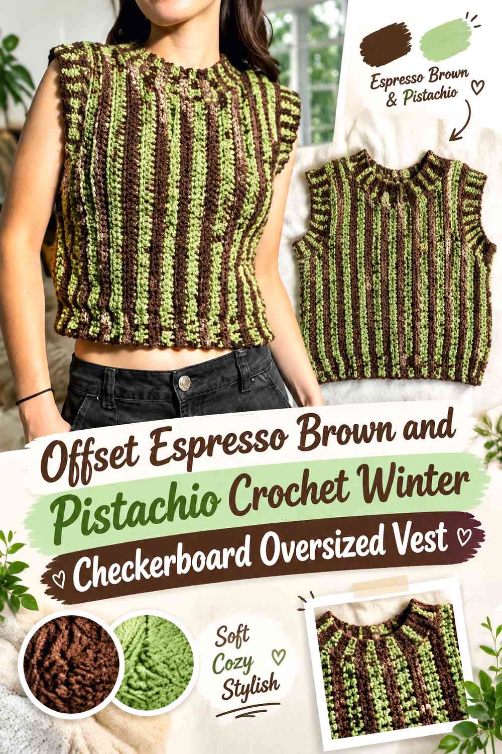 Offset Espresso Brown and Pistachio Crochet Winter Checkerboard Oversized Vest