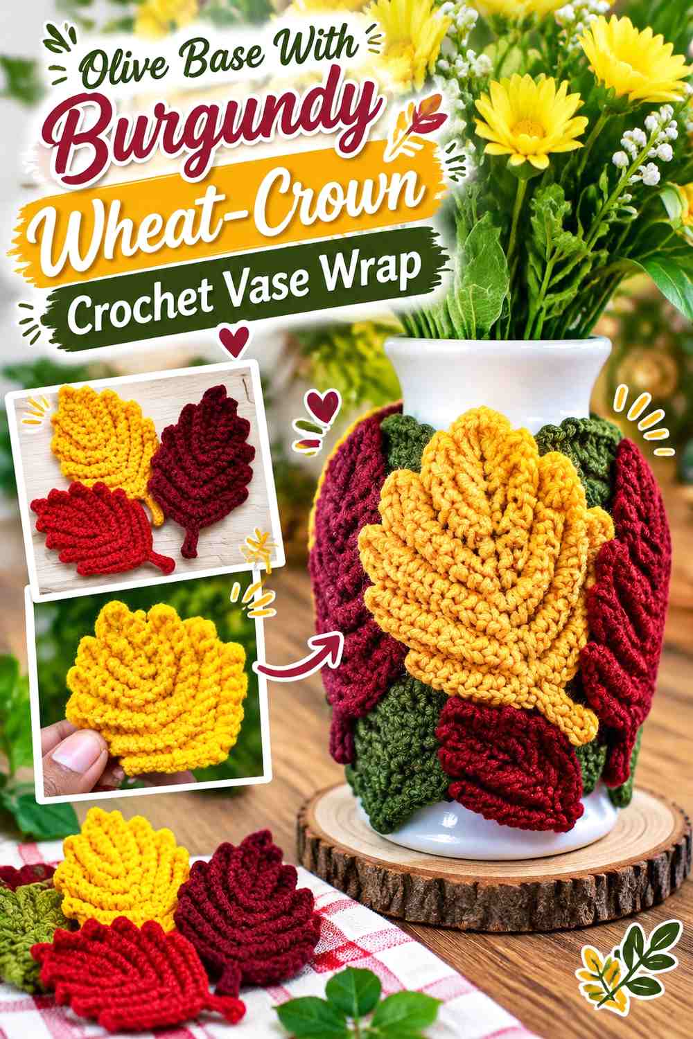 Olive Base With Burgundy Wheat-Crown Crochet Vase Wrap
