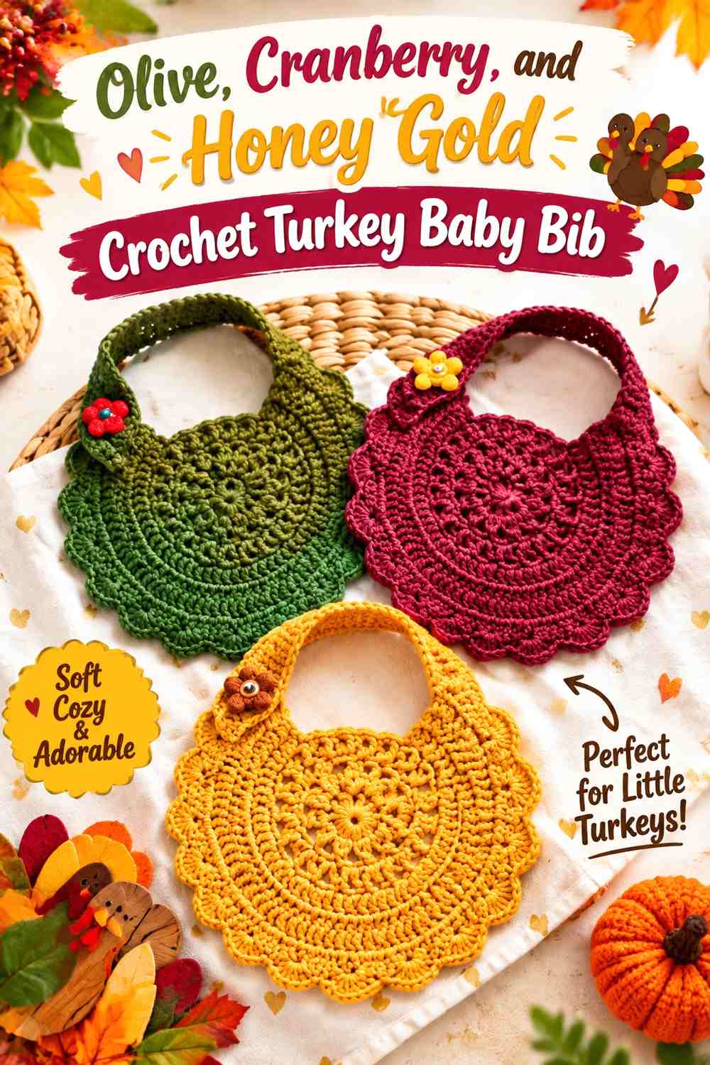 Olive, Cranberry, and Honey Gold Crochet Turkey Baby Bib