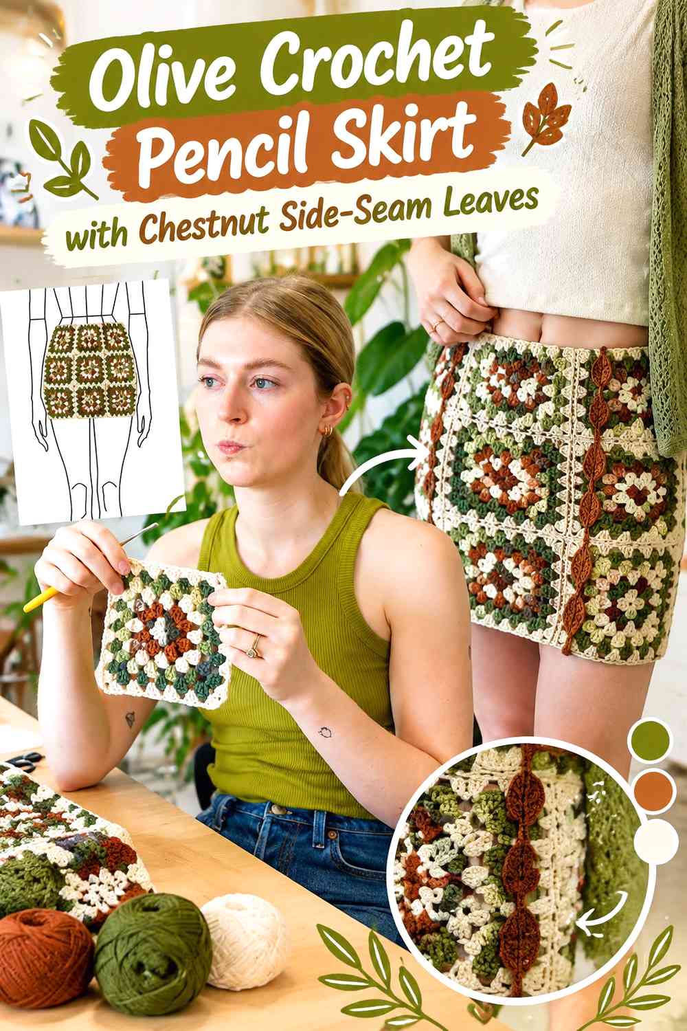 Olive Crochet Pencil Skirt with Chestnut Side-Seam Leaves