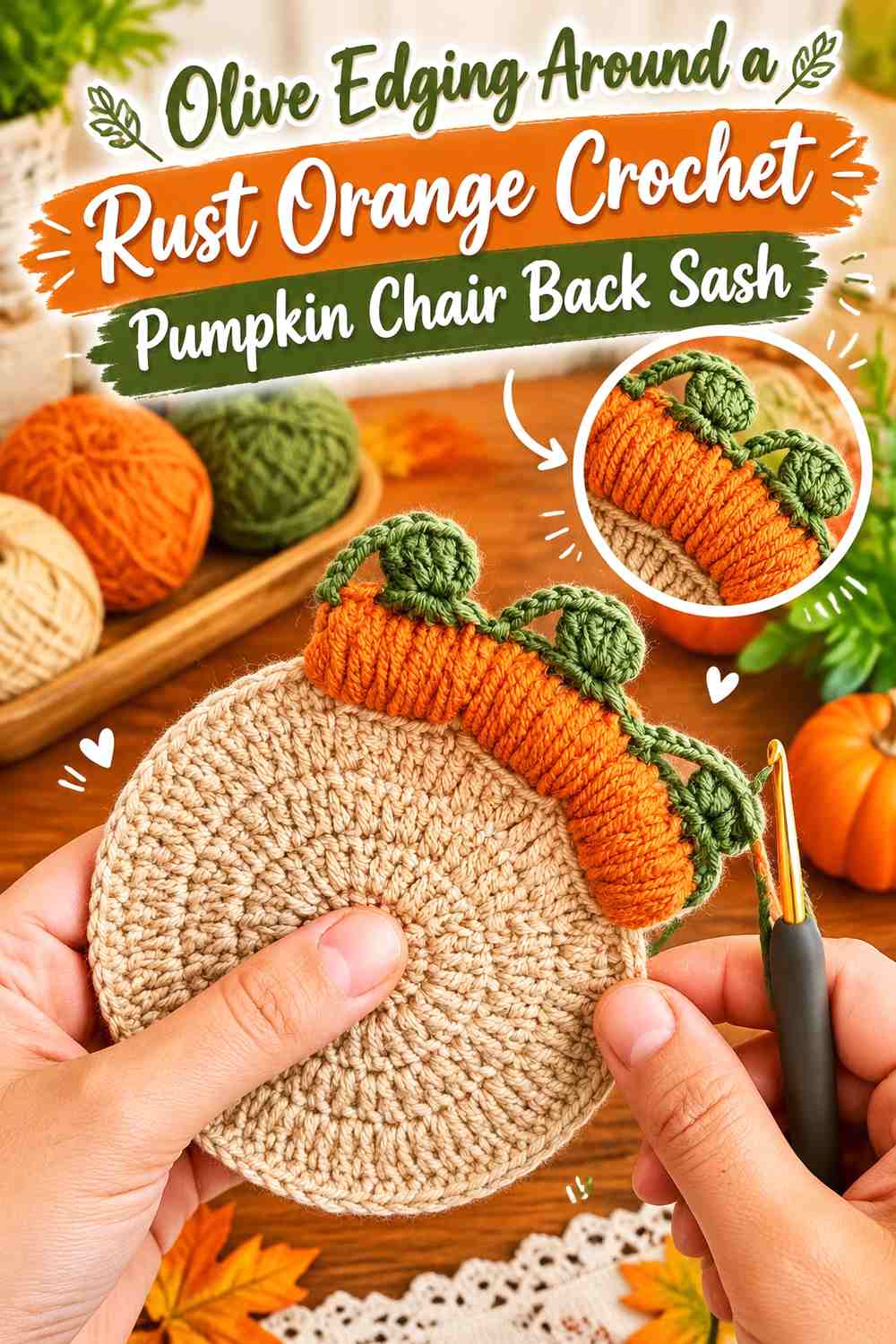 Olive Edging Around a Rust Orange Crochet Pumpkin Chair Back Sash