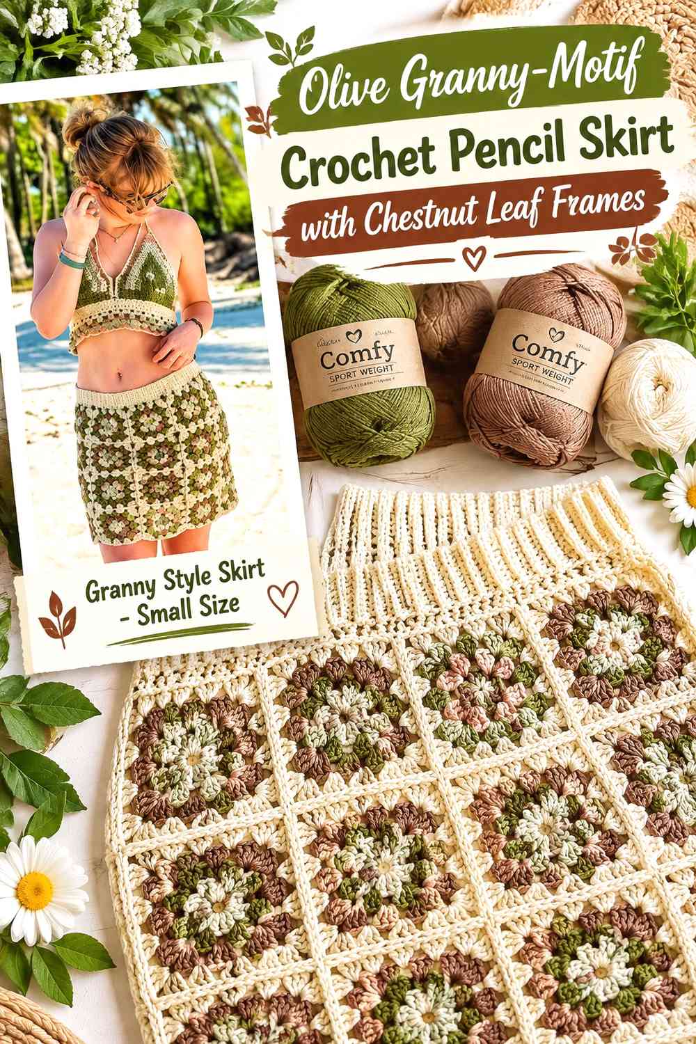 Olive Granny-Motif Crochet Pencil Skirt with Chestnut Leaf Frames