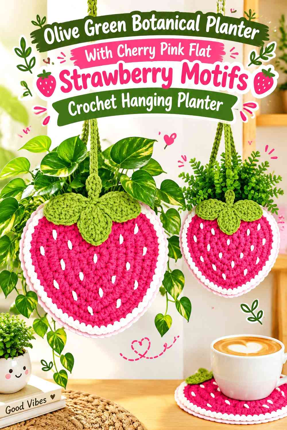 Olive Green Botanical Planter With Cherry Pink Flat Strawberry Motifs Crochet Hanging Planter